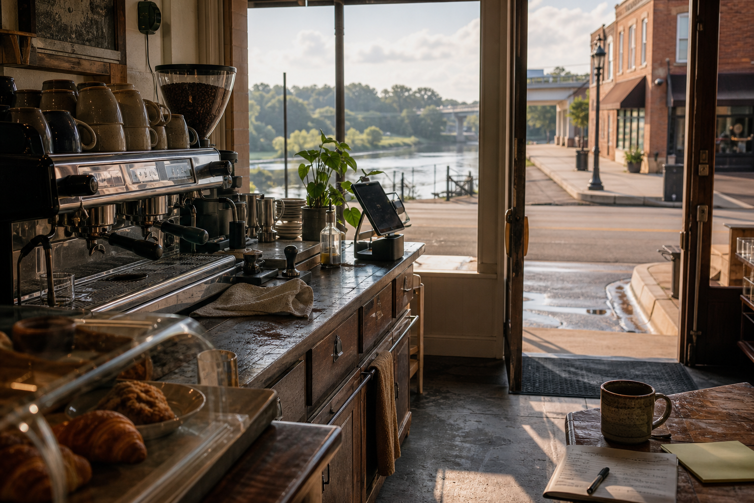 Prattville coffee shop interior with AL morning light around the espresso bar.