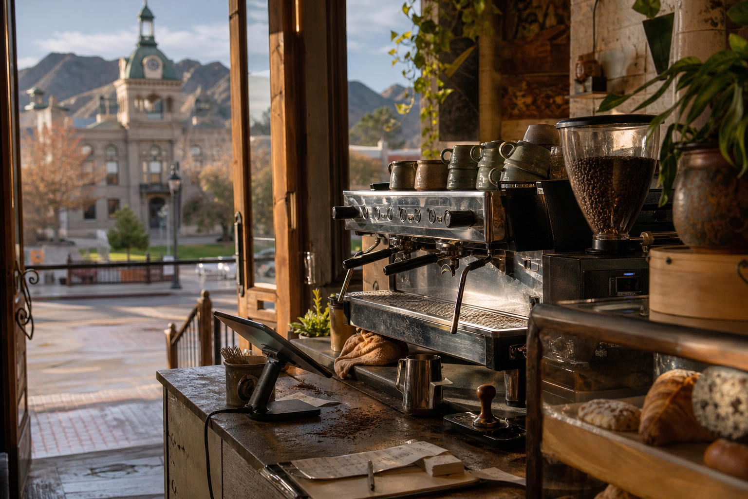 Prescott coffee shop interior with AZ morning light around the espresso bar.