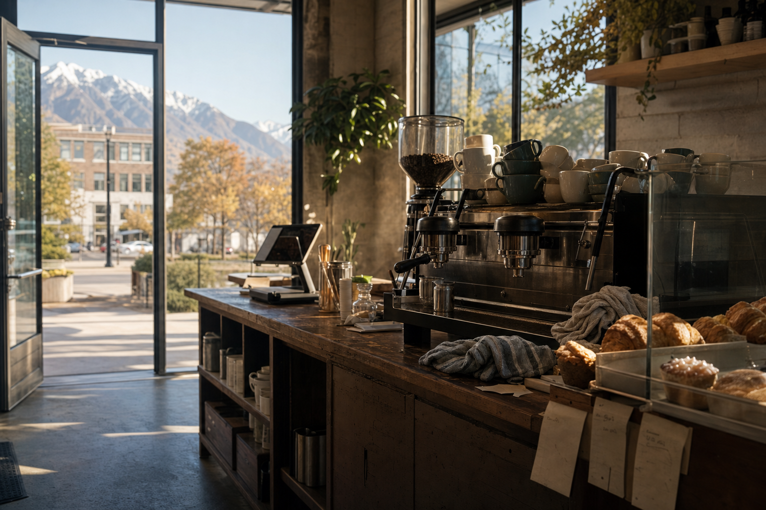 Provo coffee shop interior with UT morning light around the espresso bar.