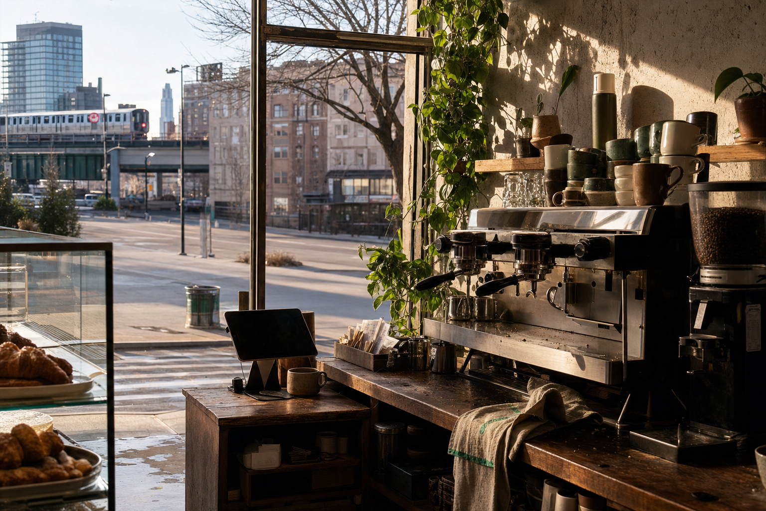 Queens coffee shop interior with NY morning light around the espresso bar.