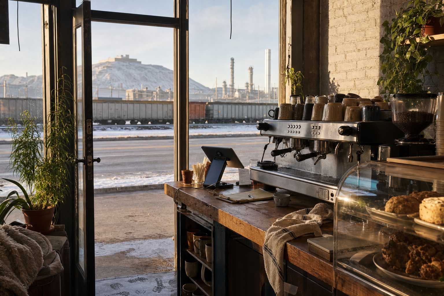 Rawlins coffee shop interior with WY morning light around the espresso bar.