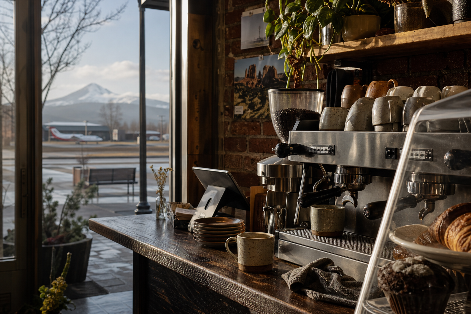 Redmond coffee shop interior with OR morning light around the espresso bar.