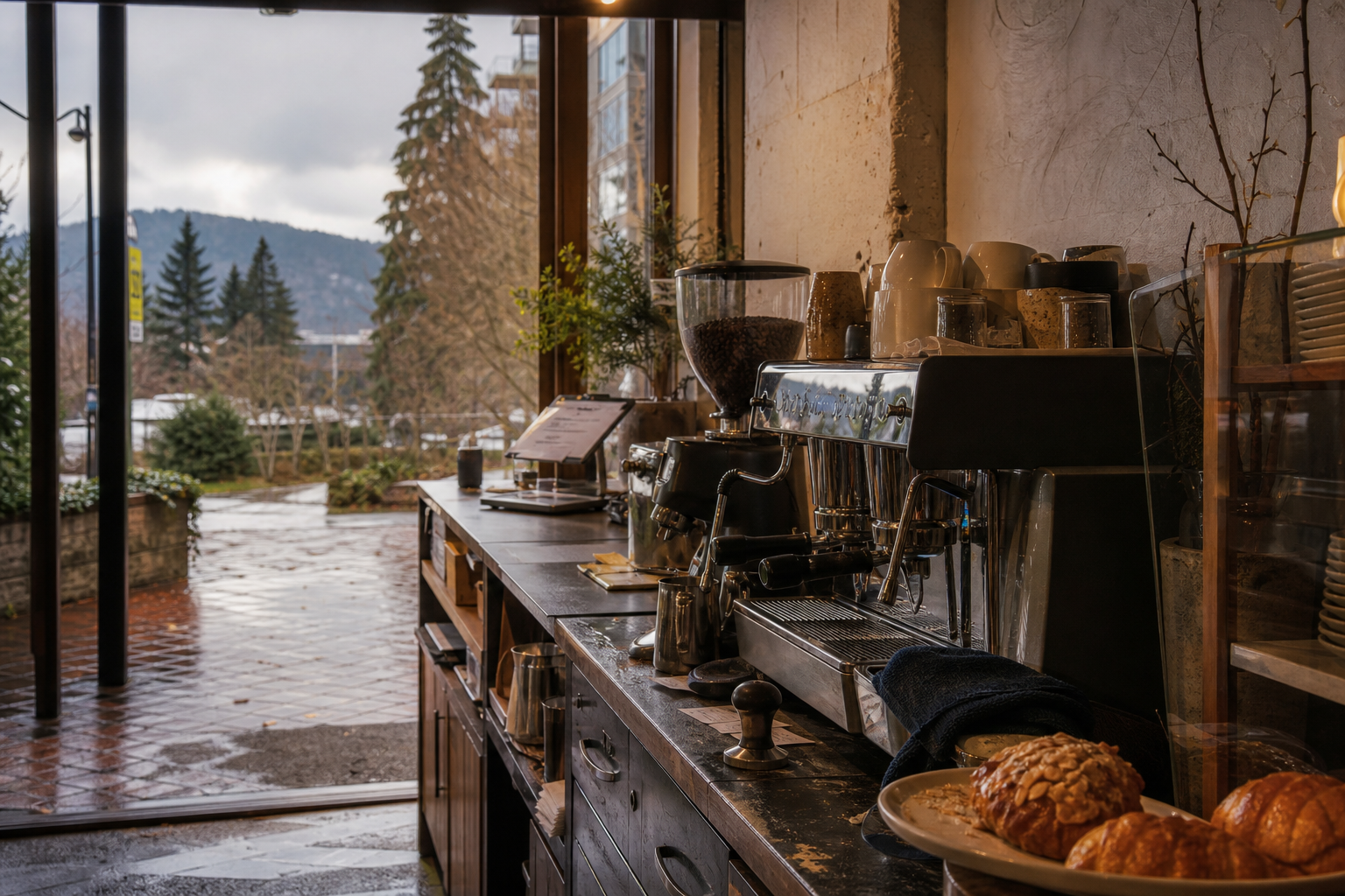 Redmond coffee shop interior with WA morning light around the espresso bar.