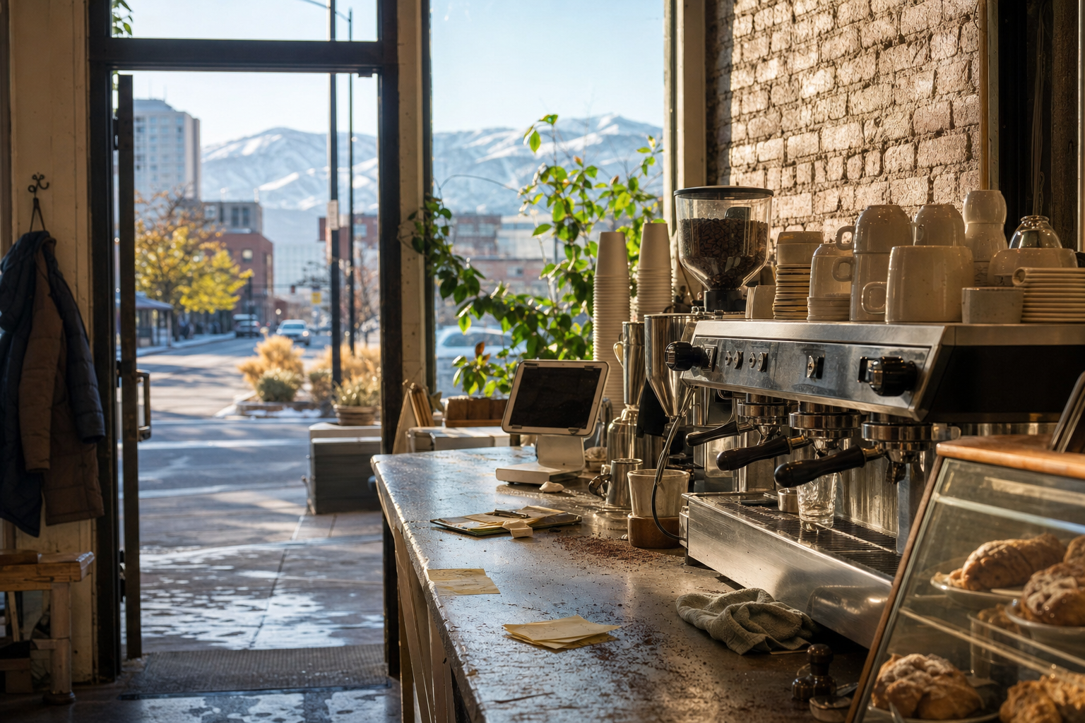 Reno coffee shop interior with NV morning light around the espresso bar.
