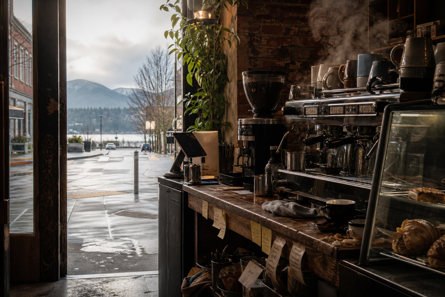 Renton coffee shop interior with WA morning light around the espresso bar.