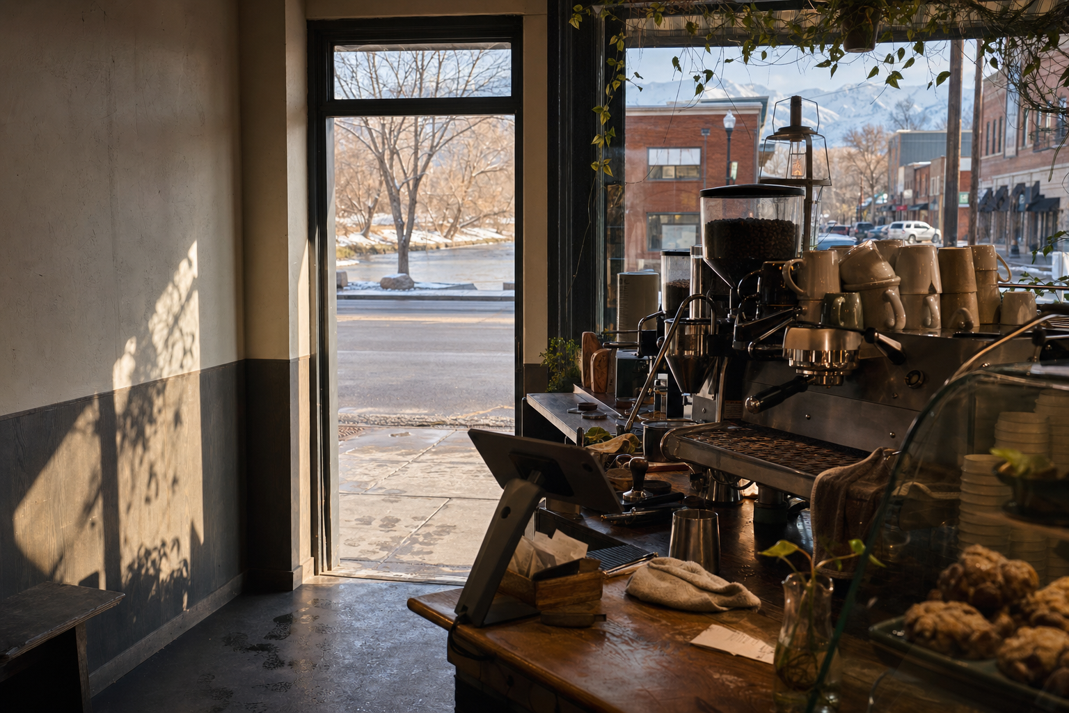 Rexburg coffee shop interior with ID morning light around the espresso bar.