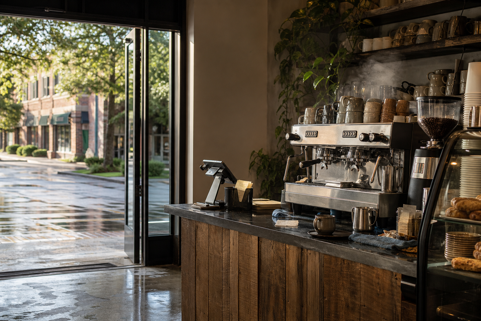 Ridgeland coffee shop interior with MS morning light around the espresso bar.