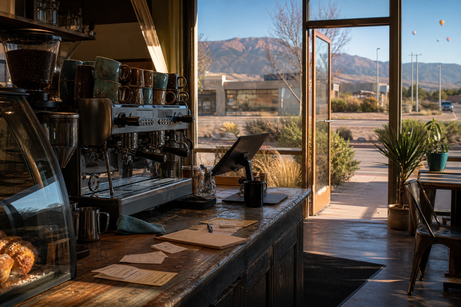 Rio Rancho coffee shop interior with NM morning light around the espresso bar.