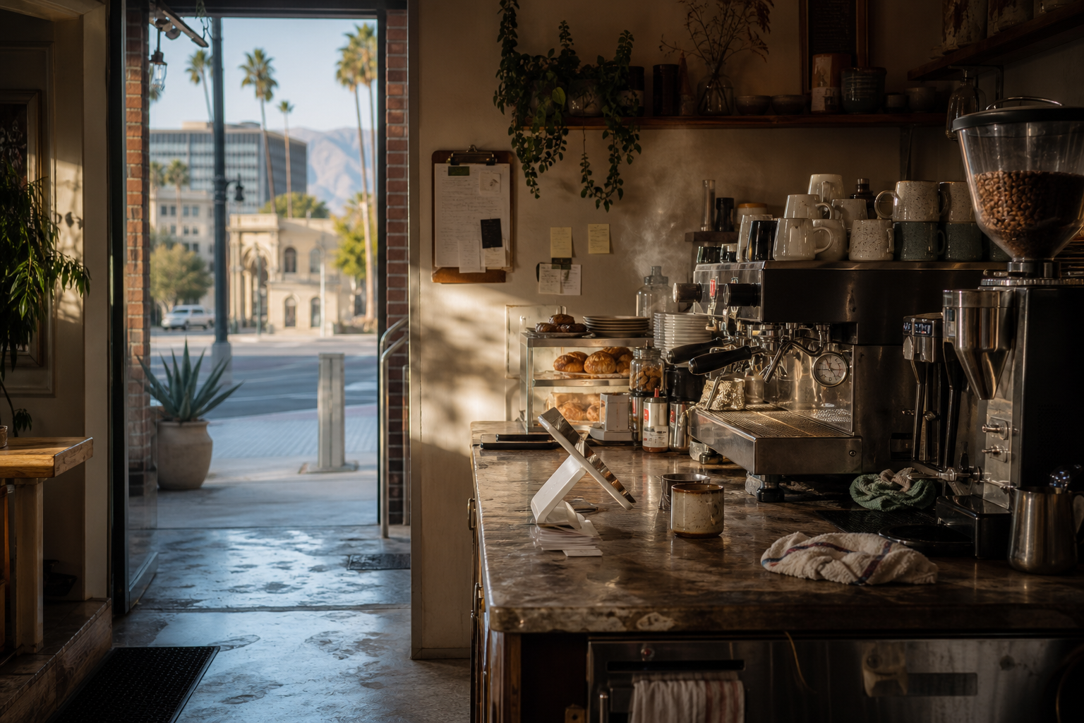 Riverside coffee shop interior with CA morning light around the espresso bar.