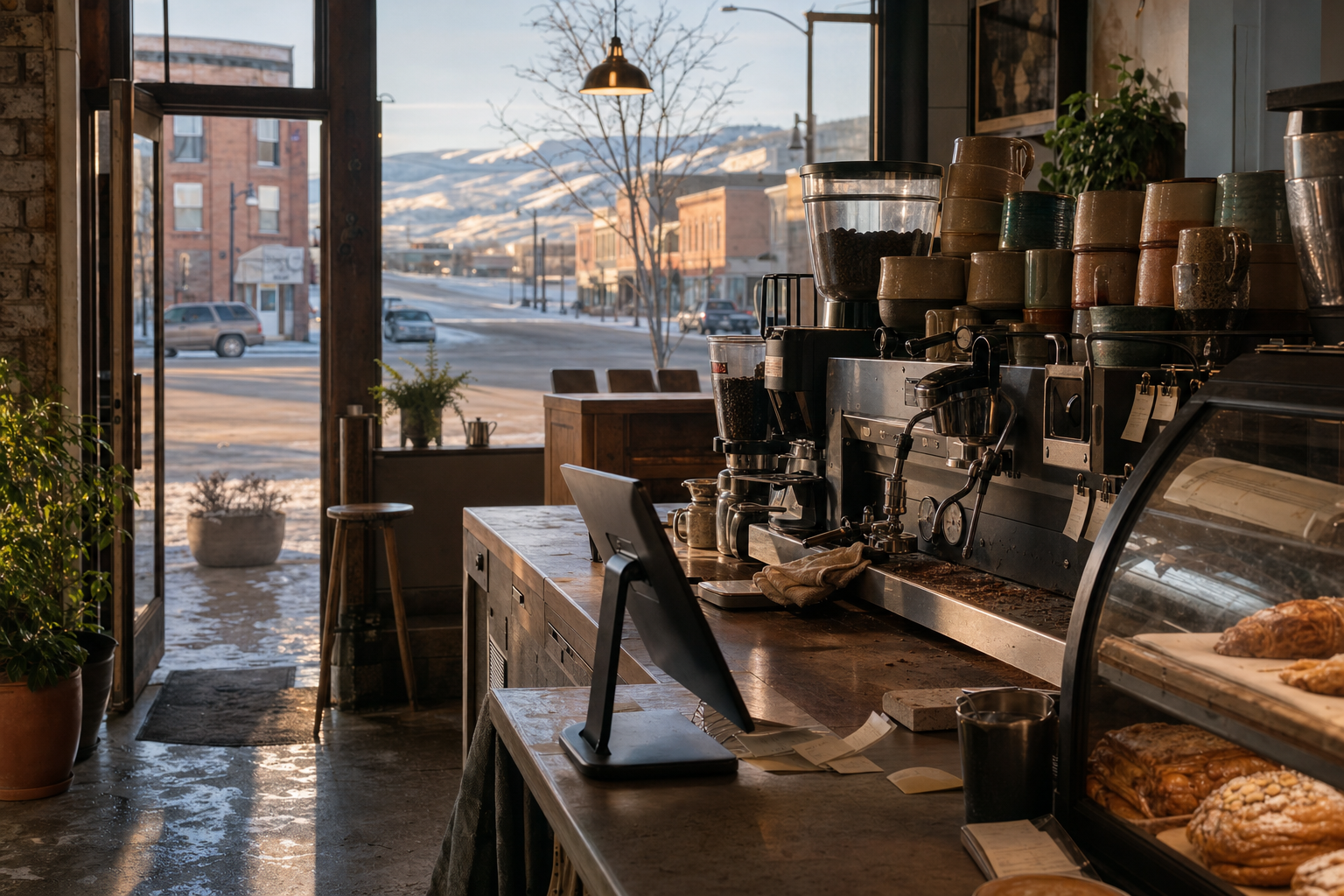 Riverton coffee shop interior with WY morning light around the espresso bar.