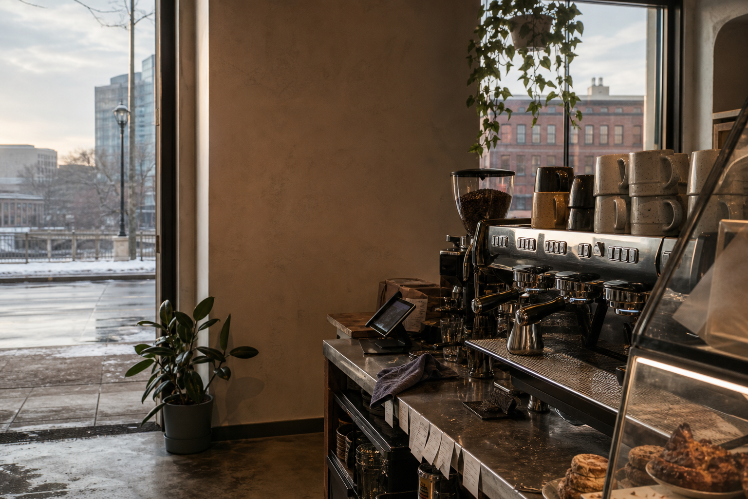 Rochester coffee shop interior with MN morning light around the espresso bar.