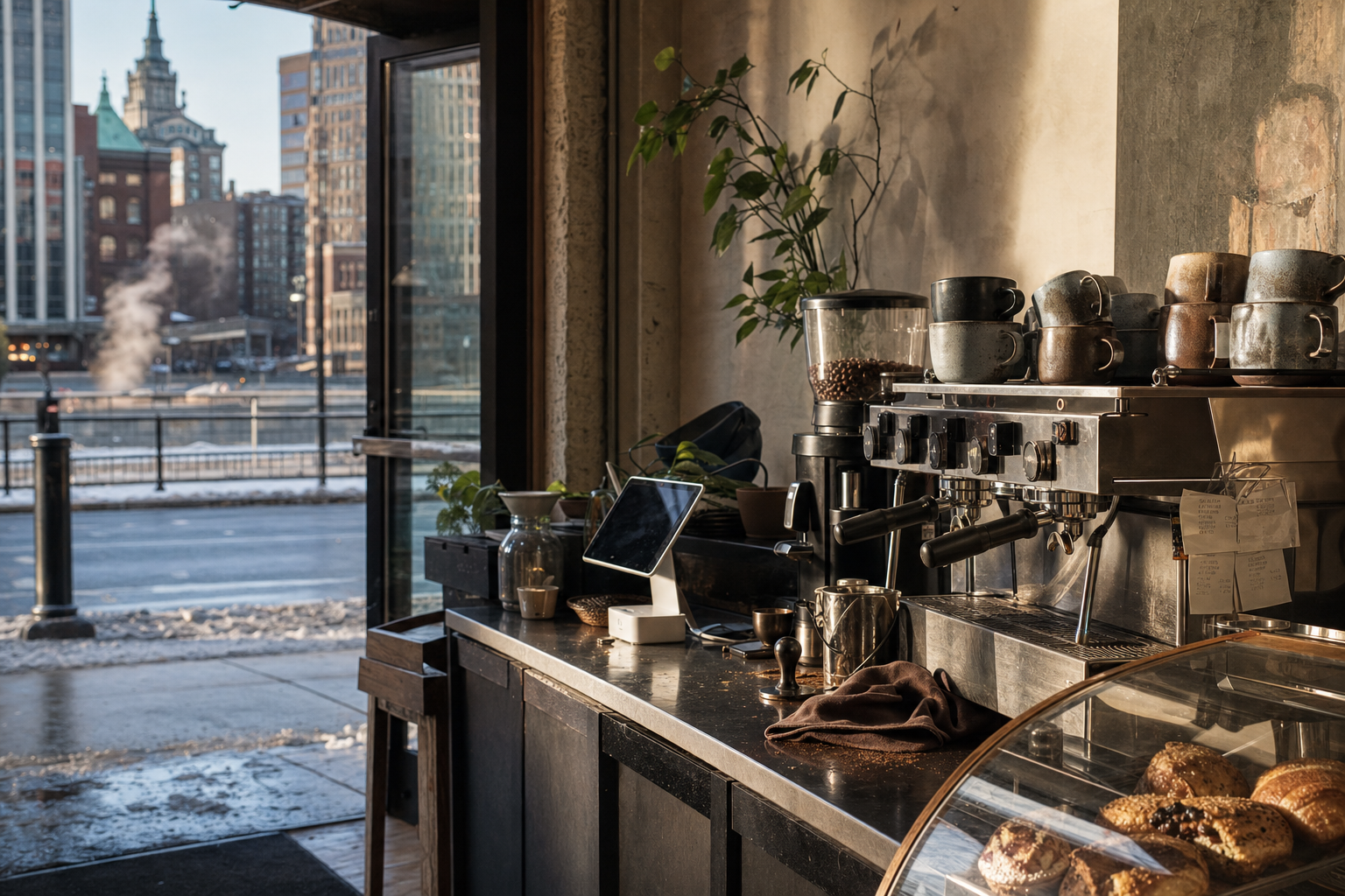 Rochester coffee shop interior with NY morning light around the espresso bar.