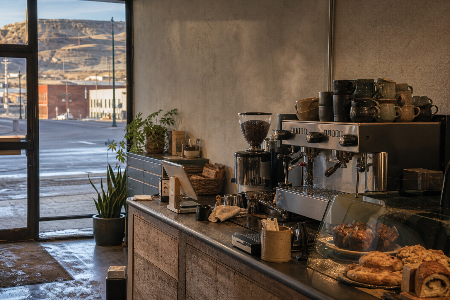 Rock Springs coffee shop interior with WY morning light around the espresso bar.