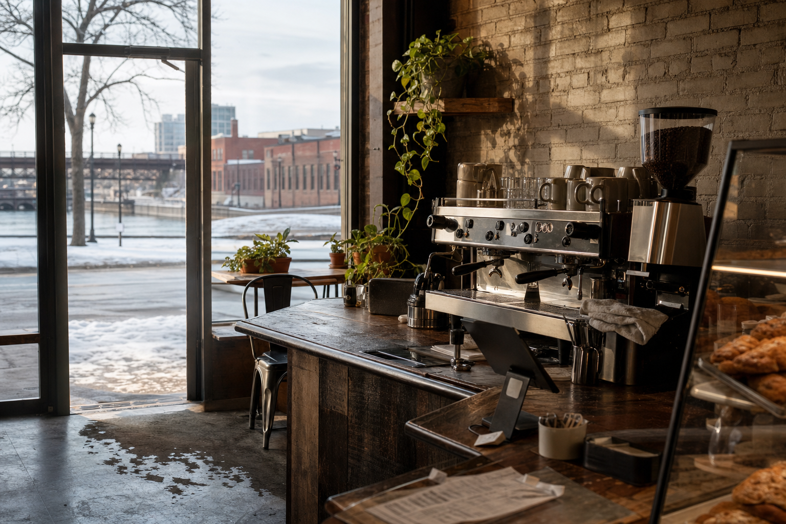 Rockford coffee shop interior with IL morning light around the espresso bar.
