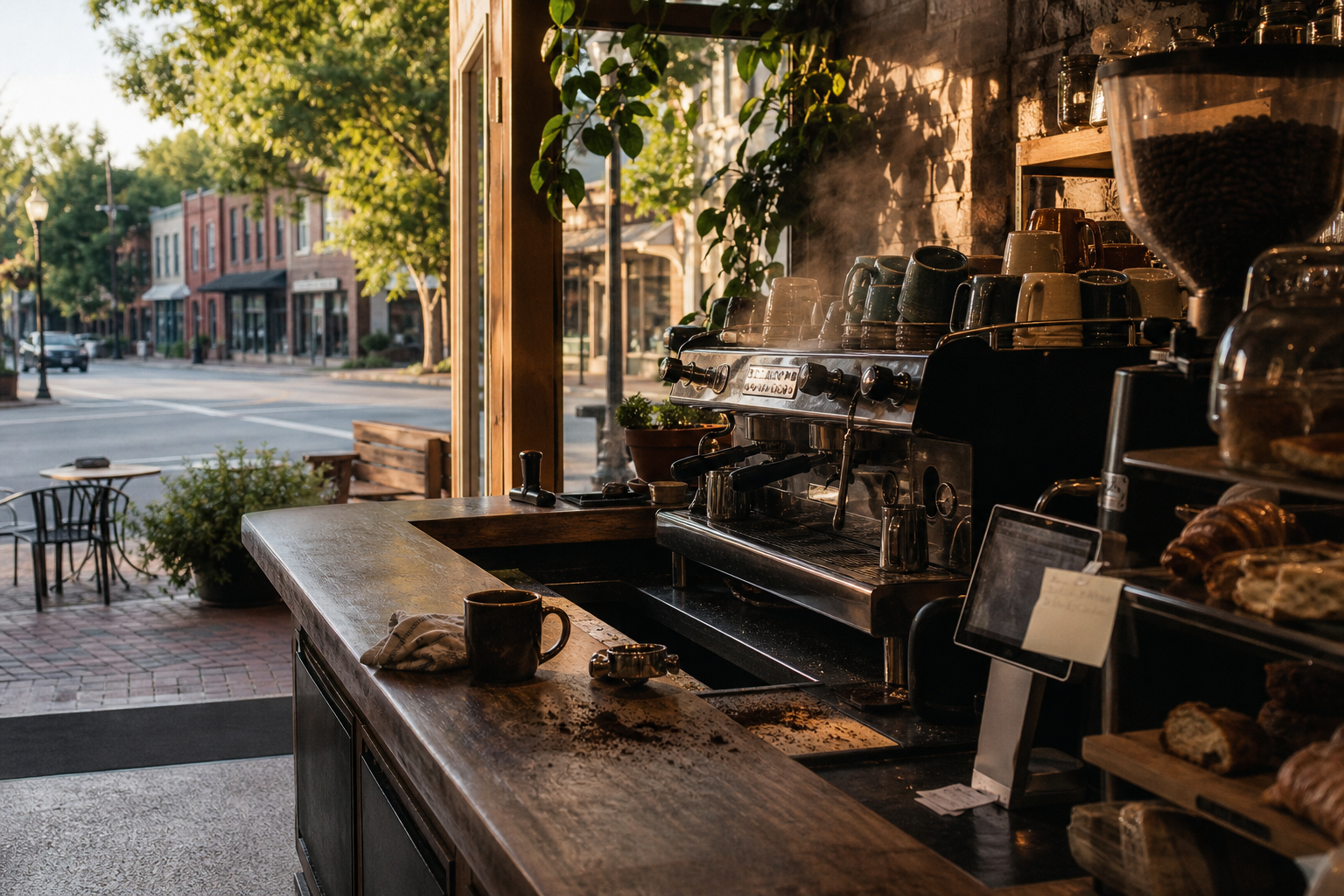 Roswell coffee shop interior with GA morning light around the espresso bar.