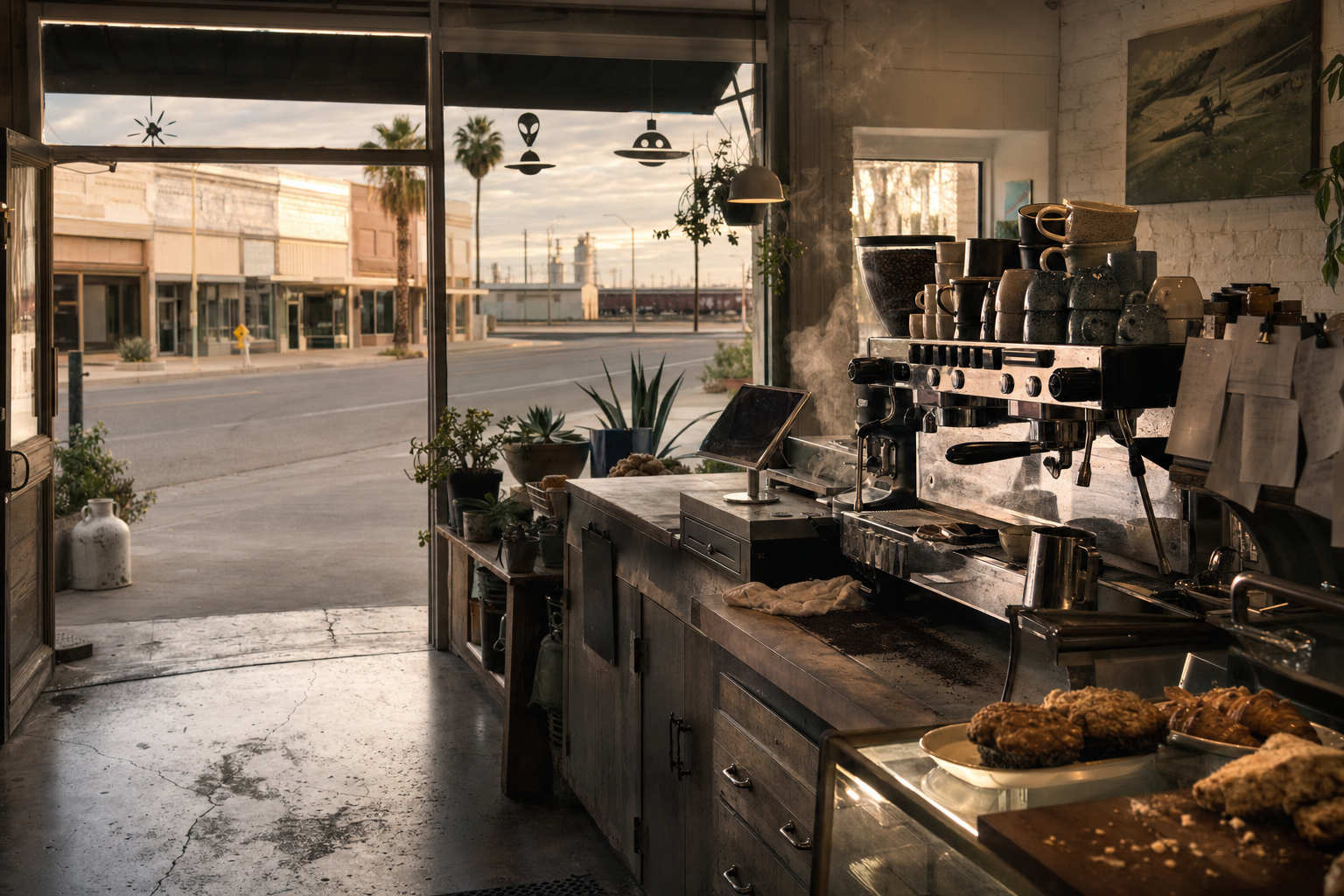 Roswell coffee shop interior with NM morning light around the espresso bar.