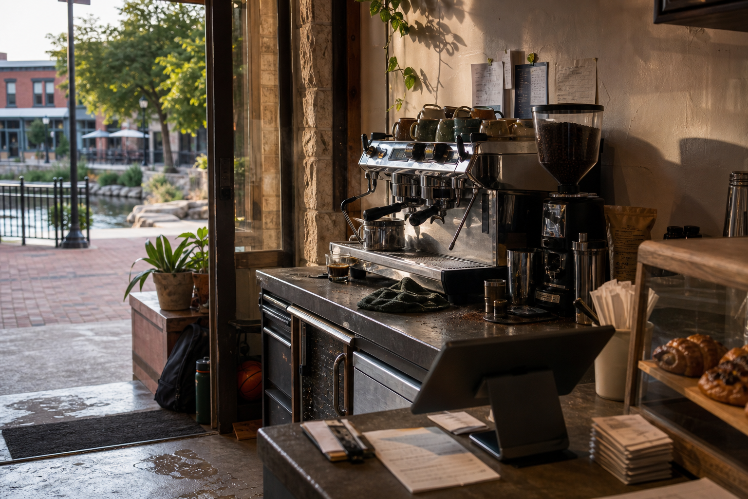 Round Rock coffee shop interior with TX morning light around the espresso bar.