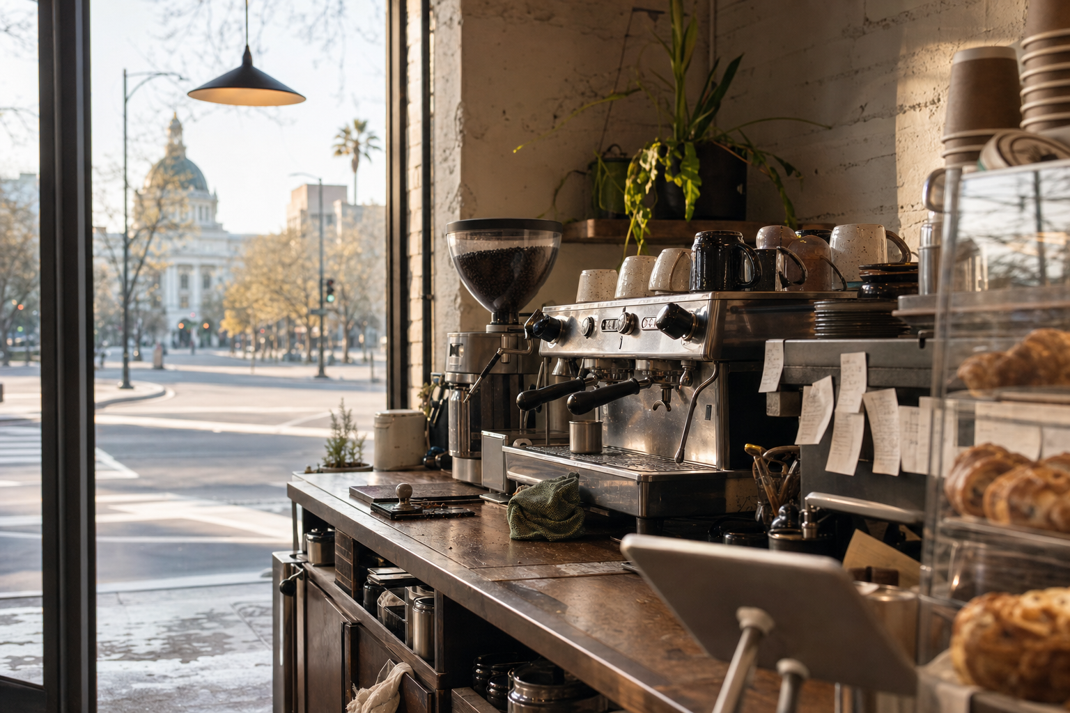 Sacramento coffee shop interior with CA morning light around the espresso bar.