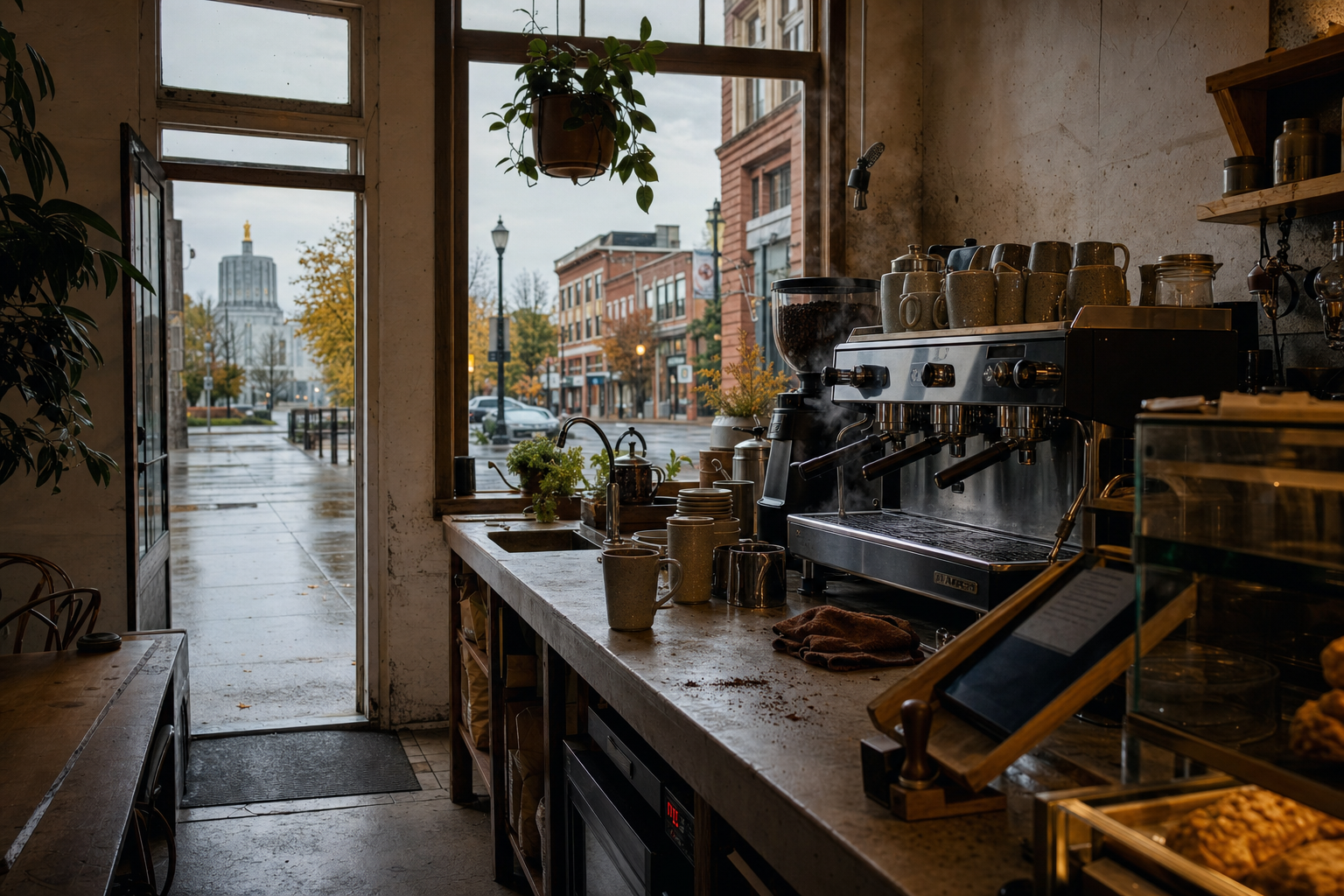 Salem coffee shop interior with OR morning light around the espresso bar.