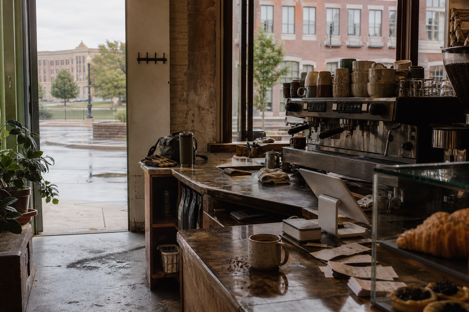 Salina coffee shop interior with KS morning light around the espresso bar.