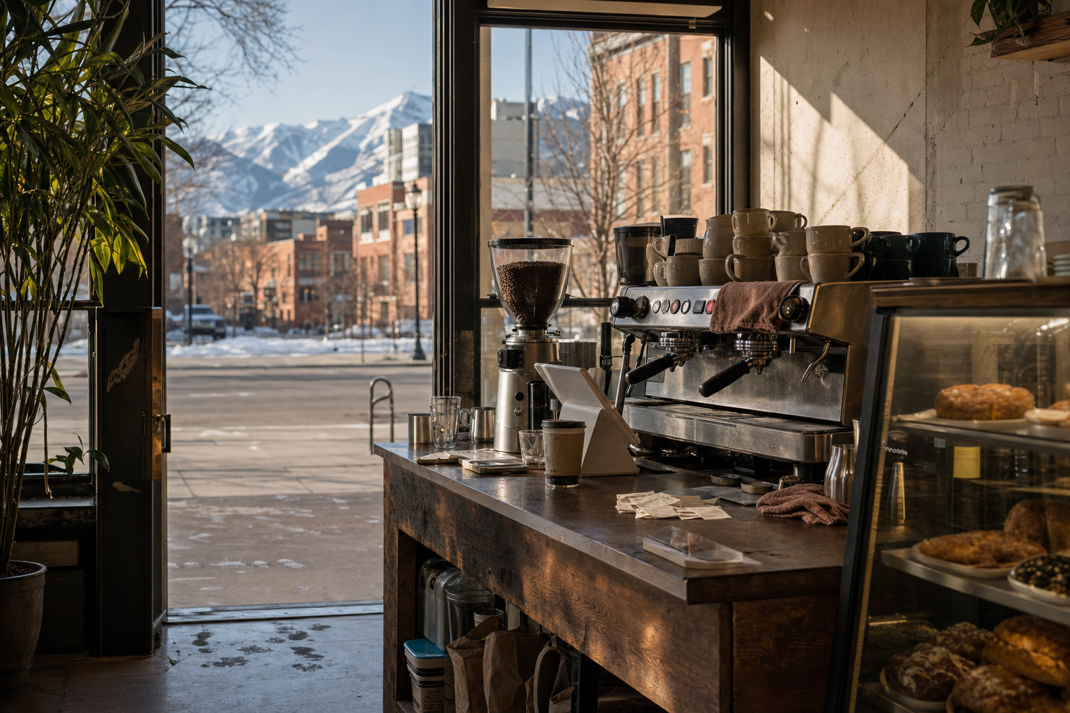 Salt Lake City coffee shop interior with UT morning light around the espresso bar.