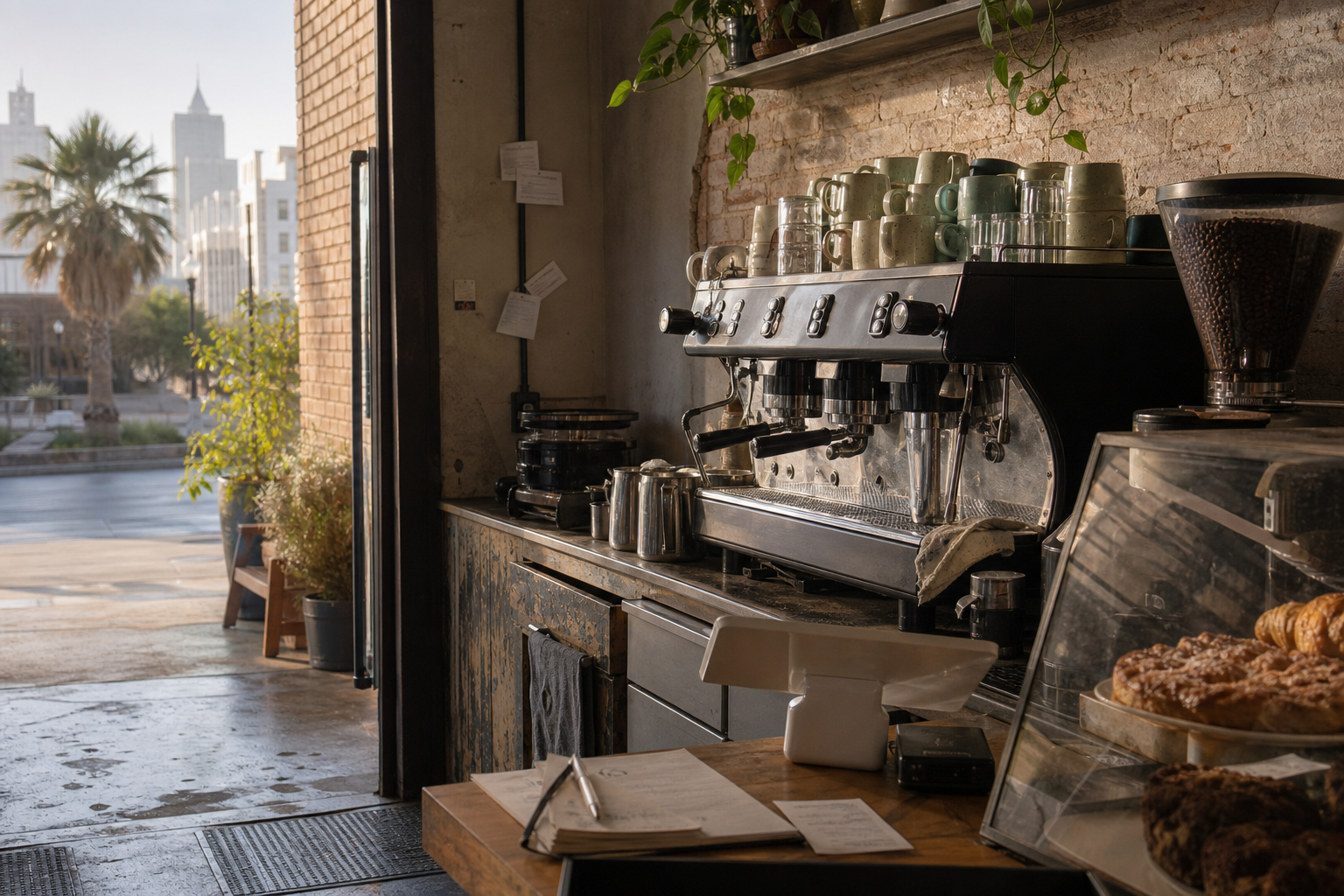 San Antonio coffee shop interior with TX morning light around the espresso bar.