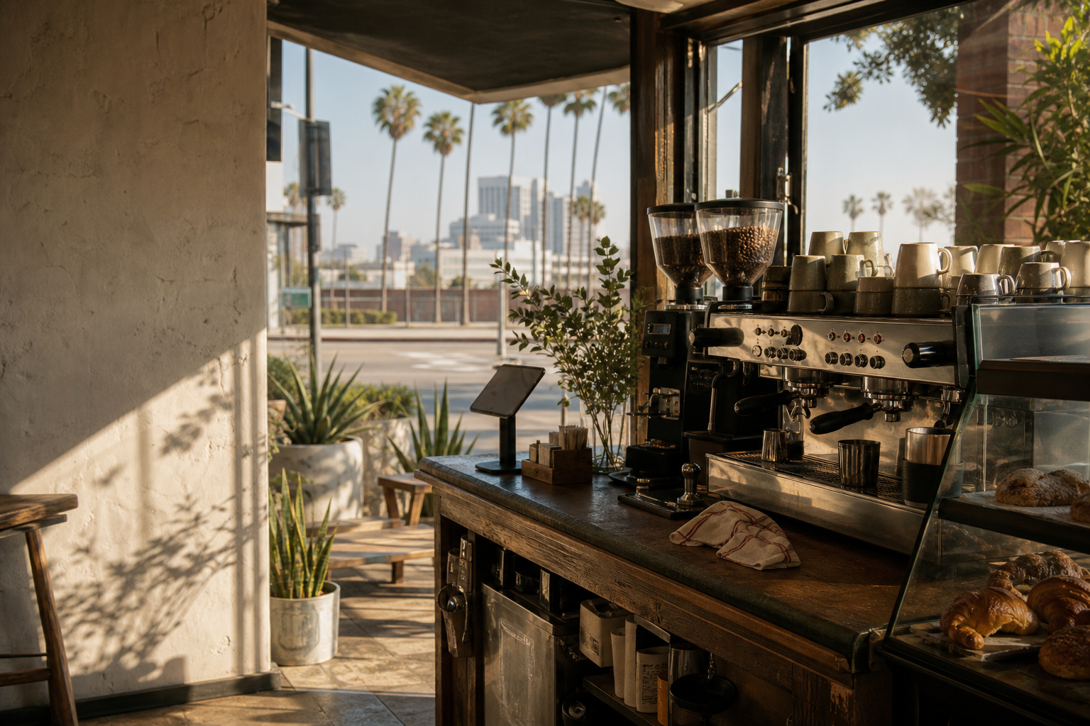 San Diego coffee shop interior with CA morning light around the espresso bar.