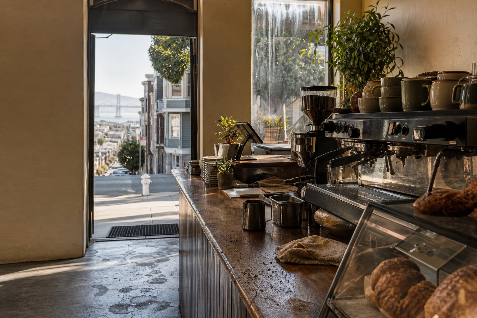 San Francisco coffee shop interior with CA morning light around the espresso bar.
