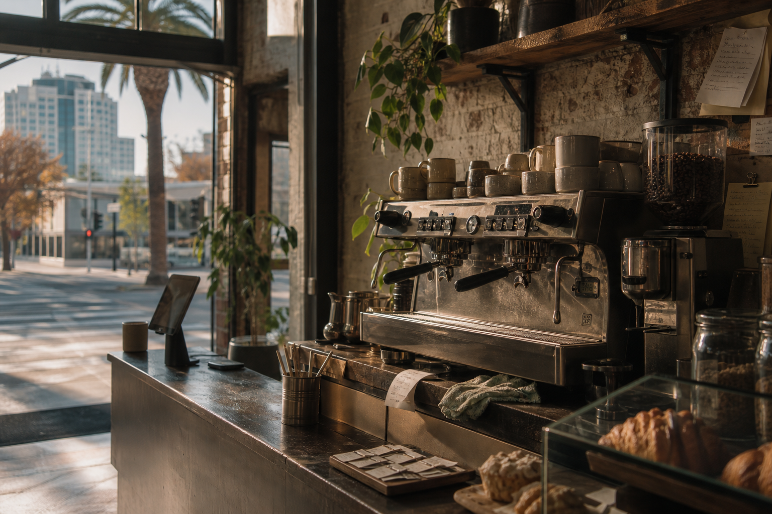 San Jose coffee shop interior with CA morning light around the espresso bar.
