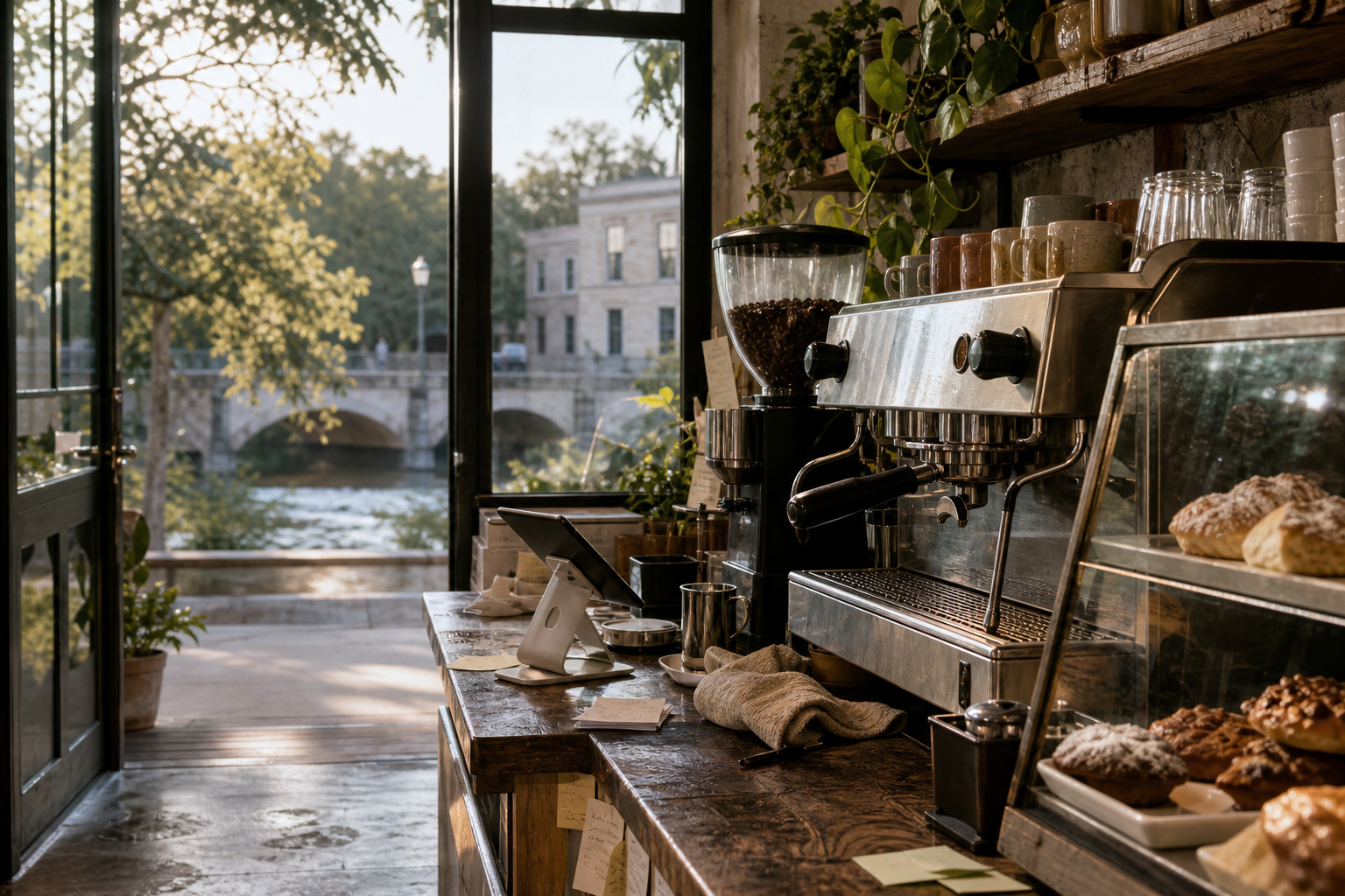 San Marcos coffee shop interior with TX morning light around the espresso bar.