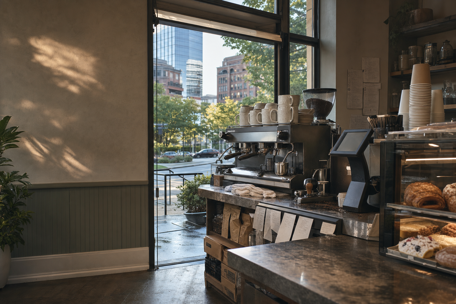 Sandy Springs coffee shop interior with GA morning light around the espresso bar.