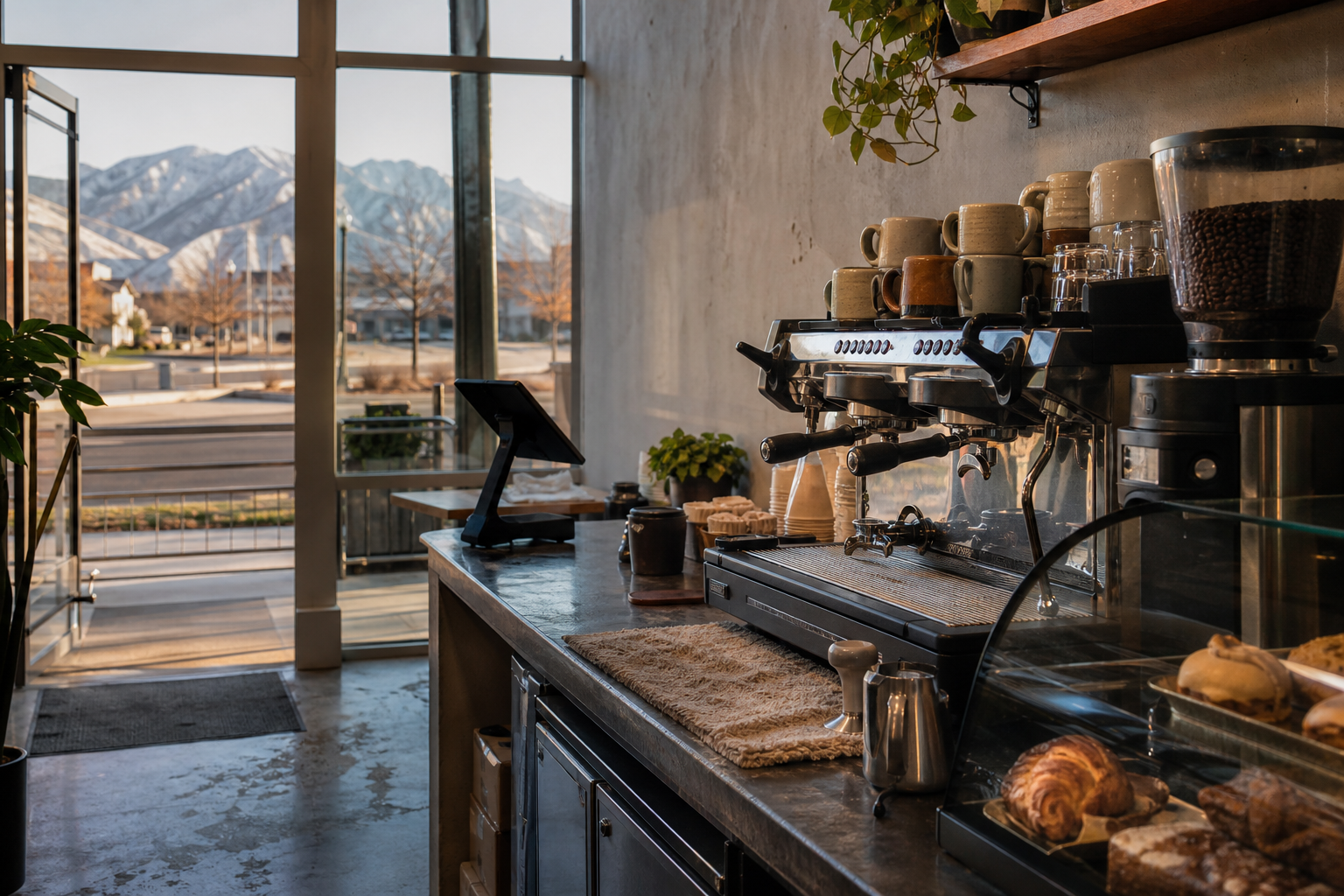 Sandy coffee shop interior with UT morning light around the espresso bar.