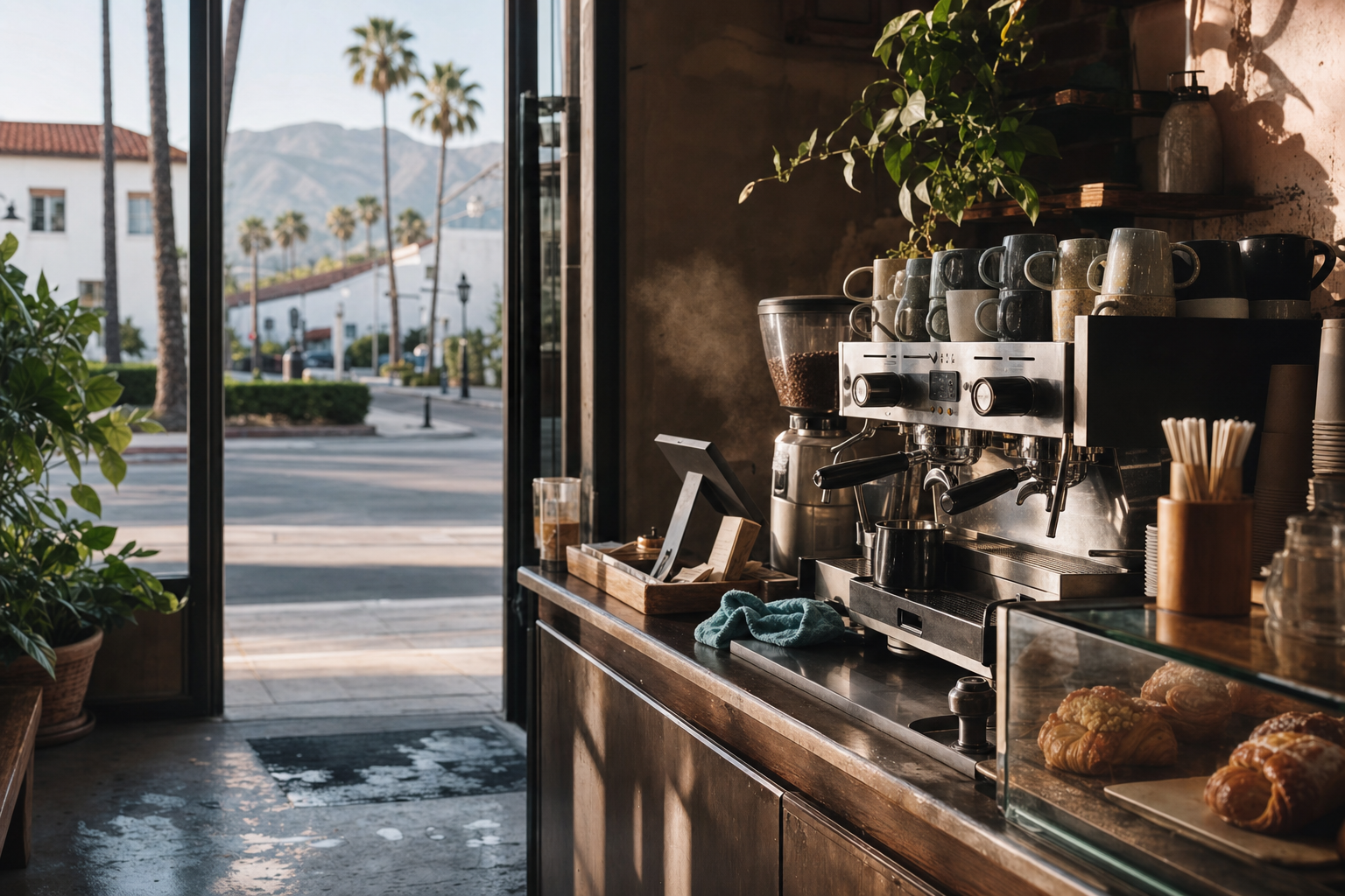 Santa Barbara coffee shop interior with CA morning light around the espresso bar.