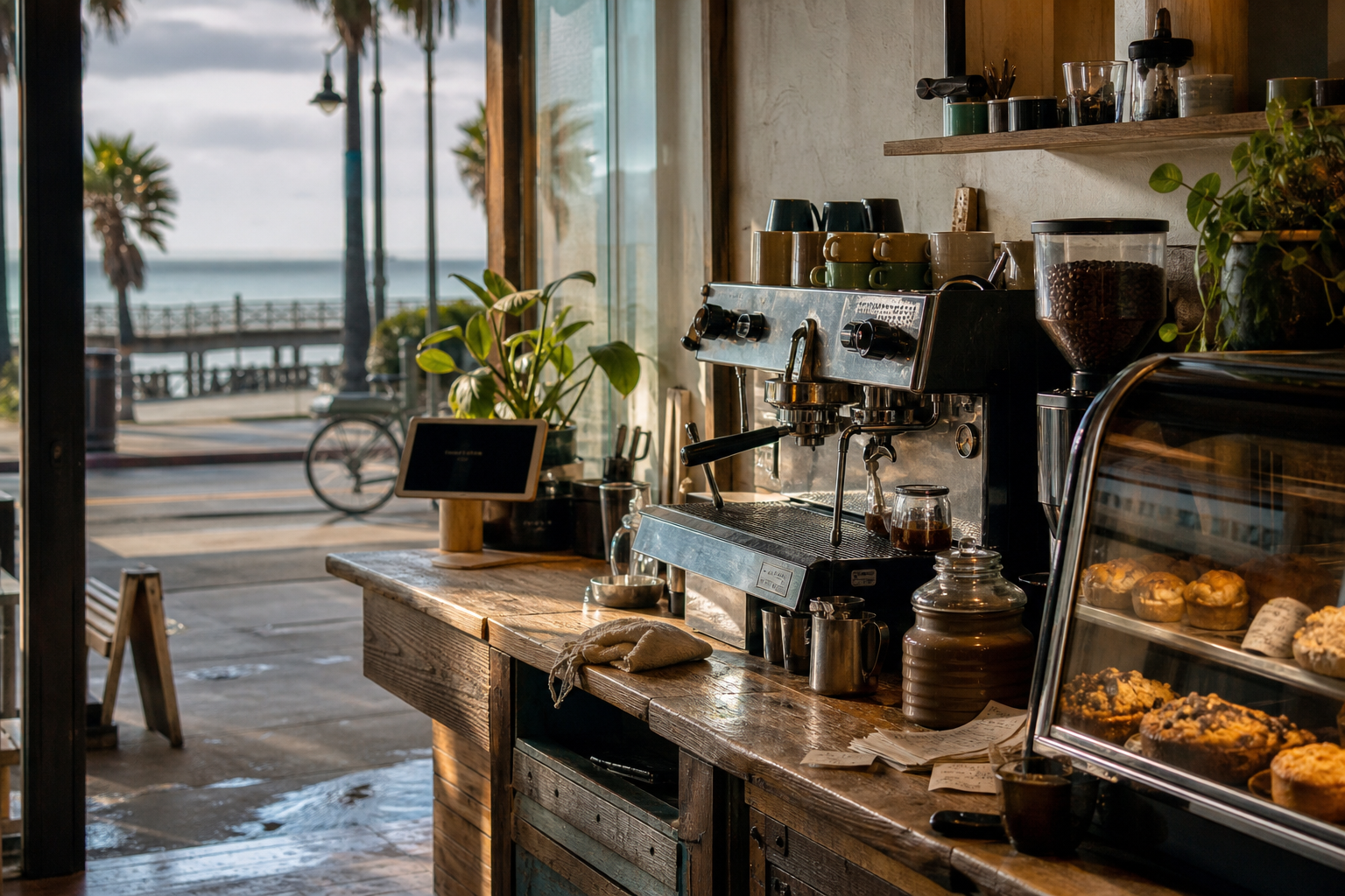 Santa Cruz coffee shop interior with CA morning light around the espresso bar.