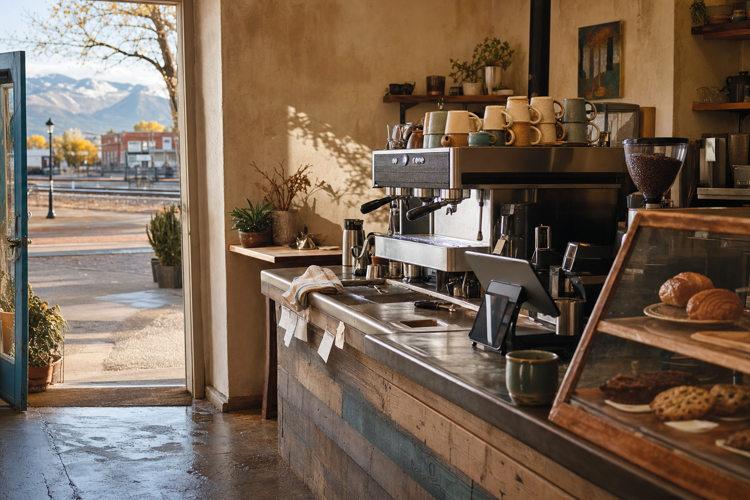 Santa Fe coffee shop interior with NM morning light around the espresso bar.
