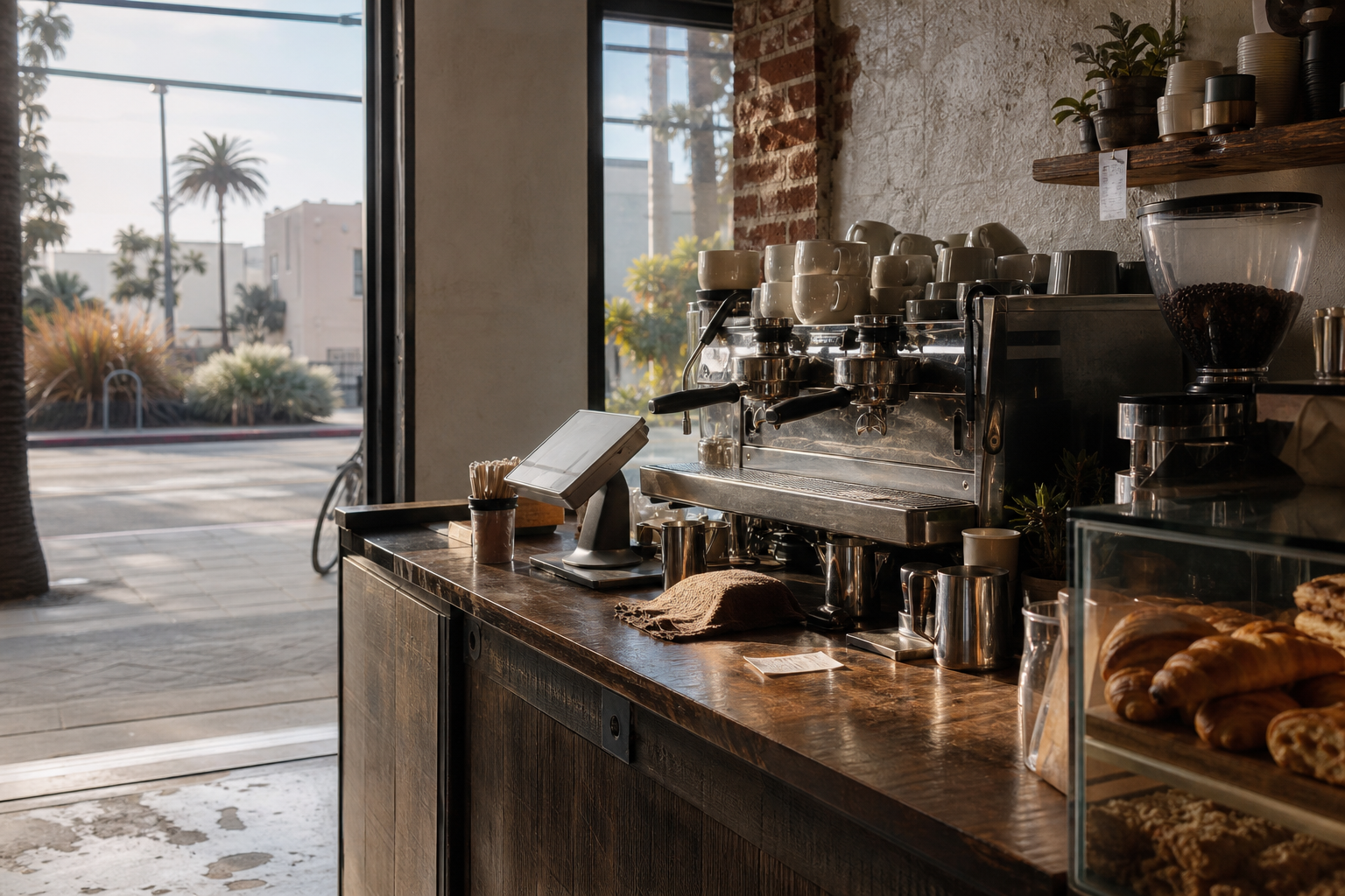 Santa Monica coffee shop interior with CA morning light around the espresso bar.