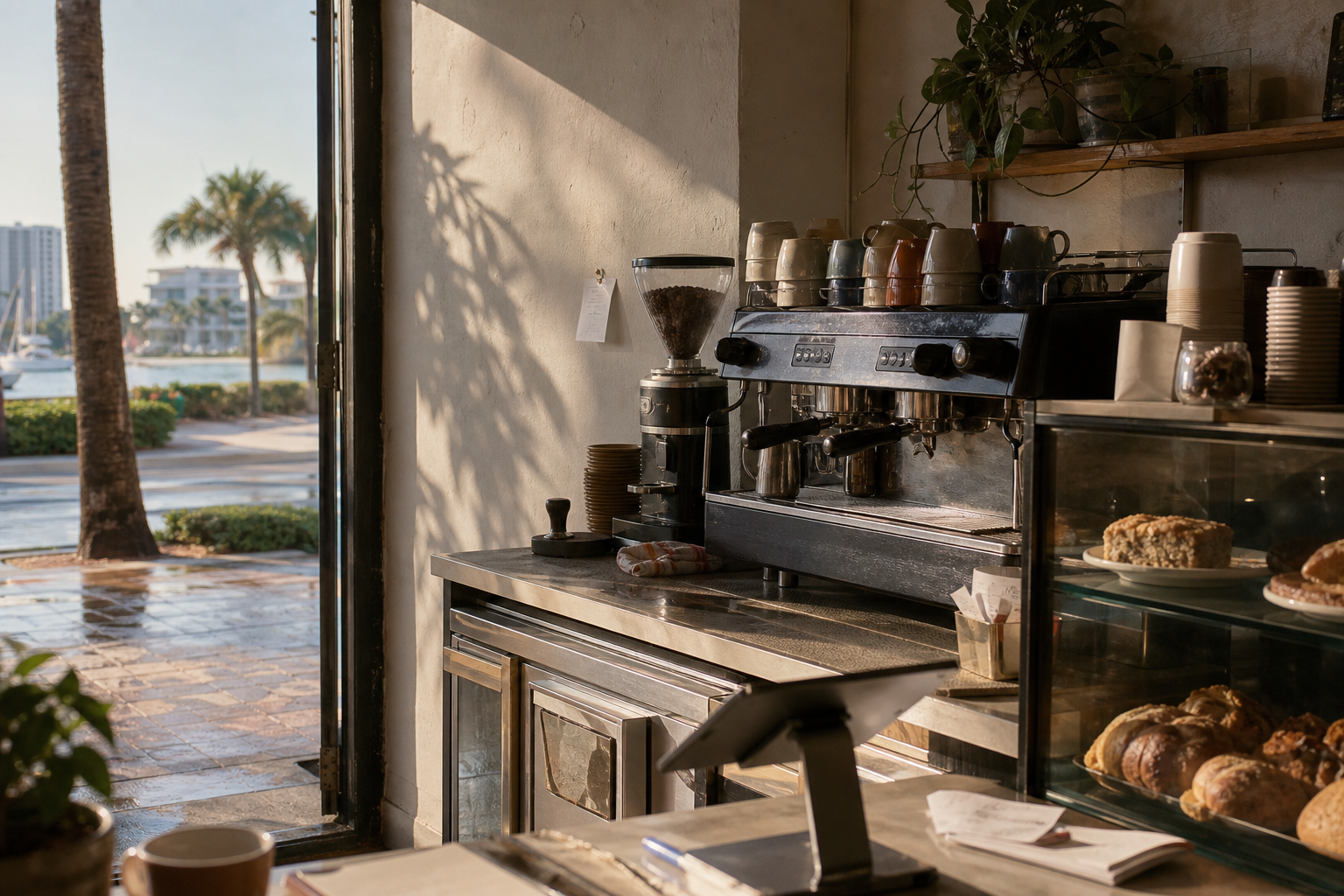 Sarasota coffee shop interior with FL morning light around the espresso bar.