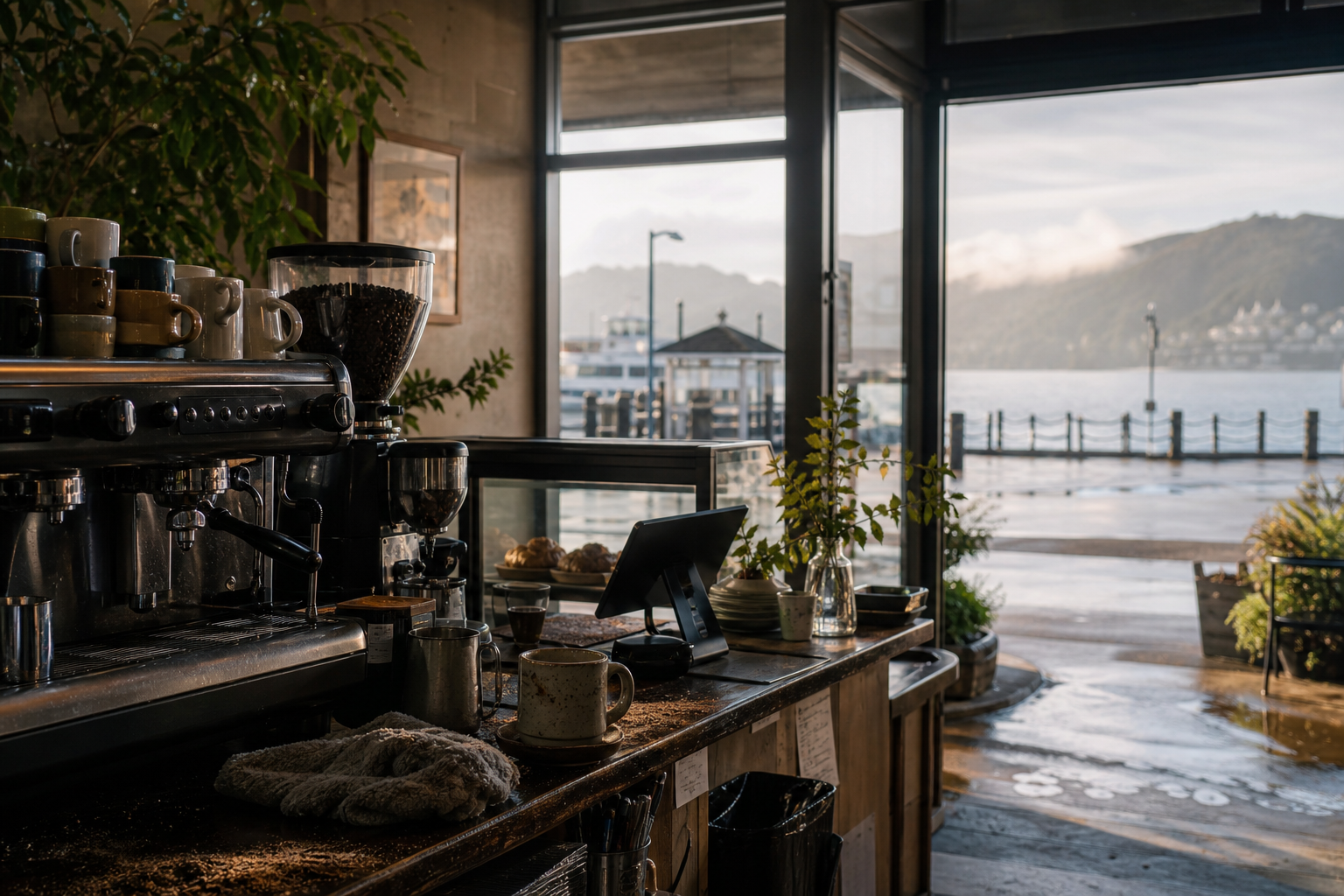 Sausalito coffee shop interior with CA morning light around the espresso bar.
