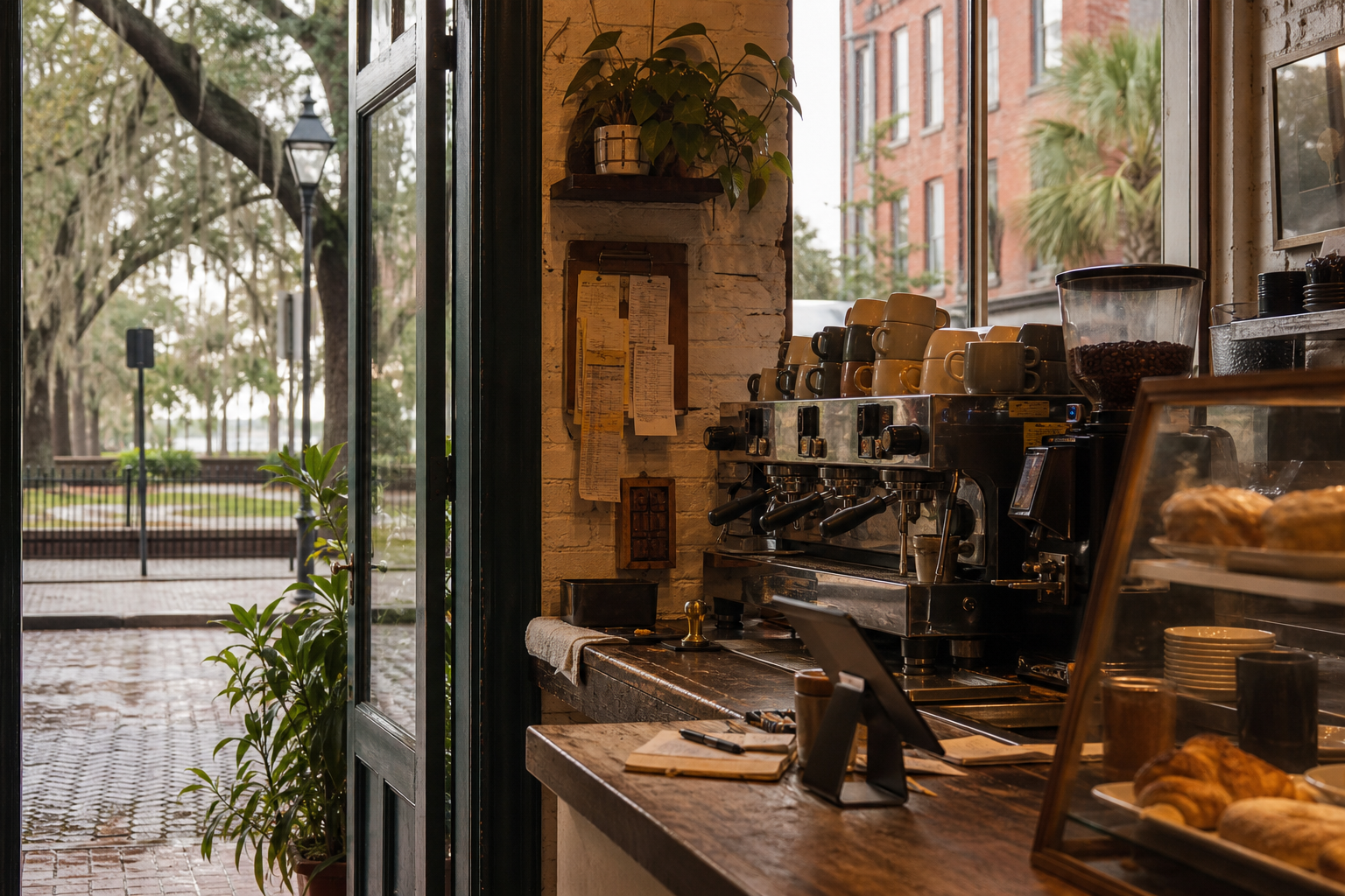Savannah coffee shop interior with GA morning light around the espresso bar.
