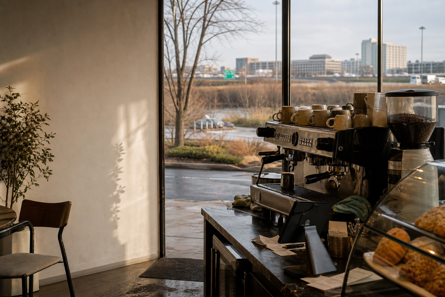 Schaumburg coffee shop interior with IL morning light around the espresso bar.