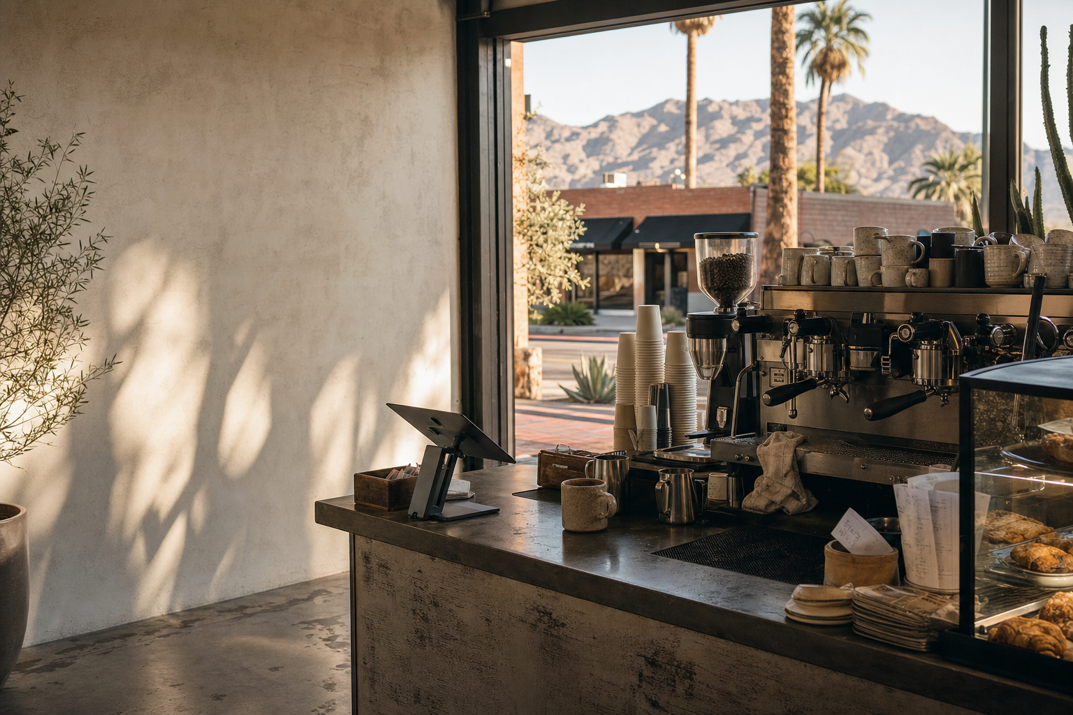 Scottsdale coffee shop interior with AZ morning light around the espresso bar.