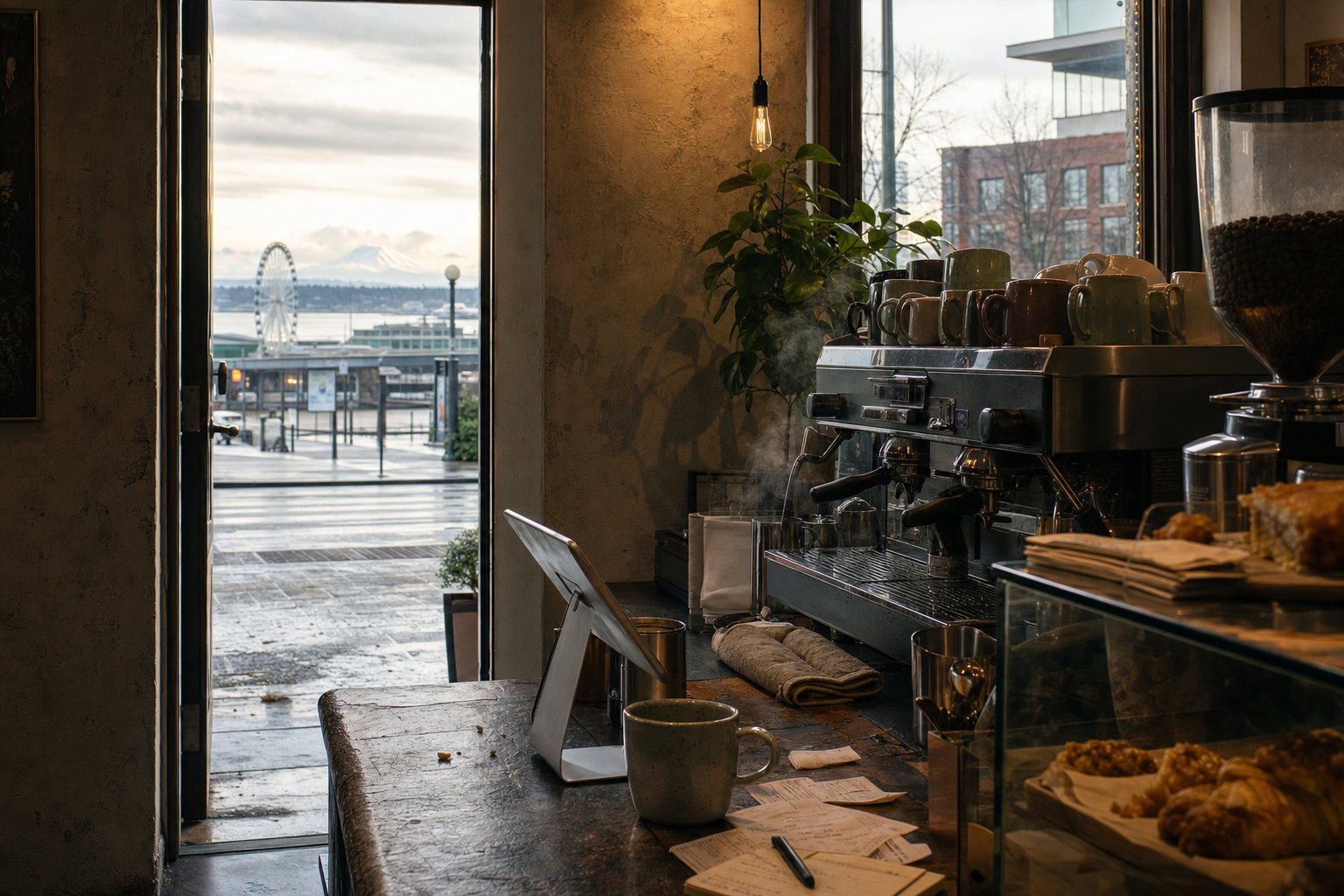 Seattle coffee shop interior with WA morning light around the espresso bar.
