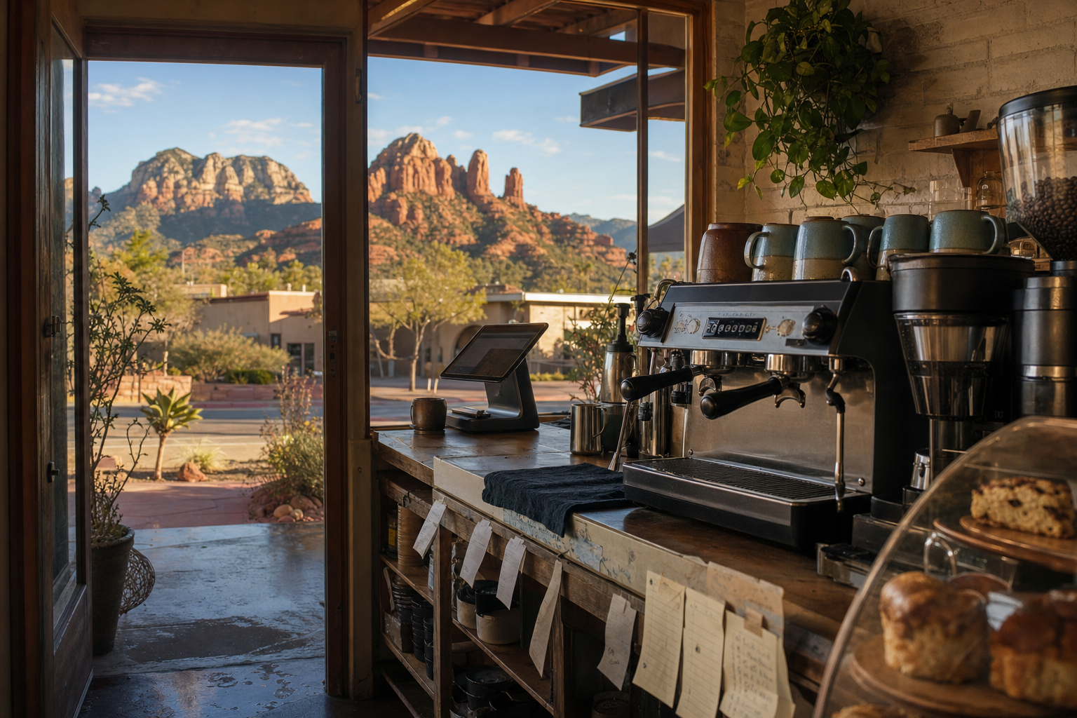 Sedona coffee shop interior with AZ morning light around the espresso bar.