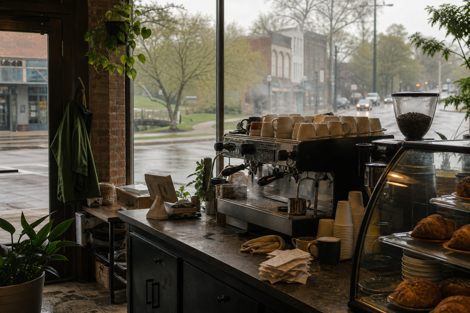 Shawnee coffee shop interior with KS morning light around the espresso bar.
