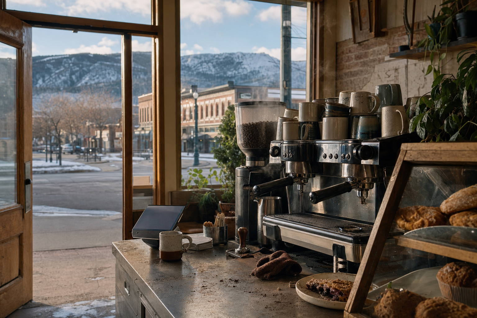 Sheridan coffee shop interior with WY morning light around the espresso bar.