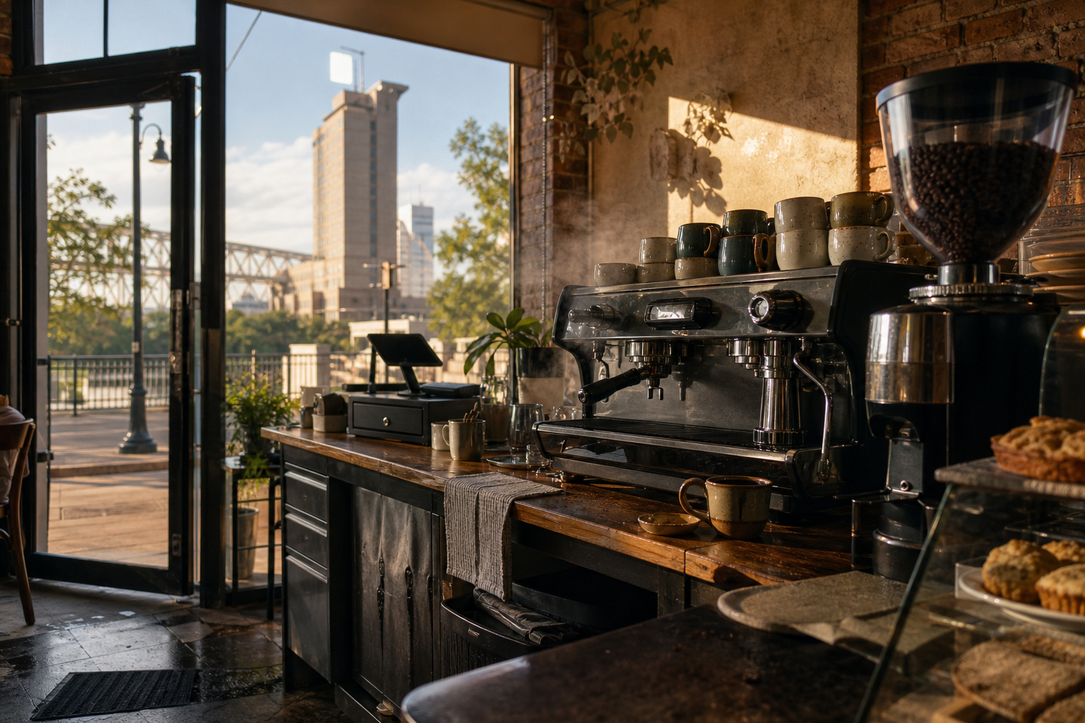 Shreveport coffee shop interior with LA morning light around the espresso bar.