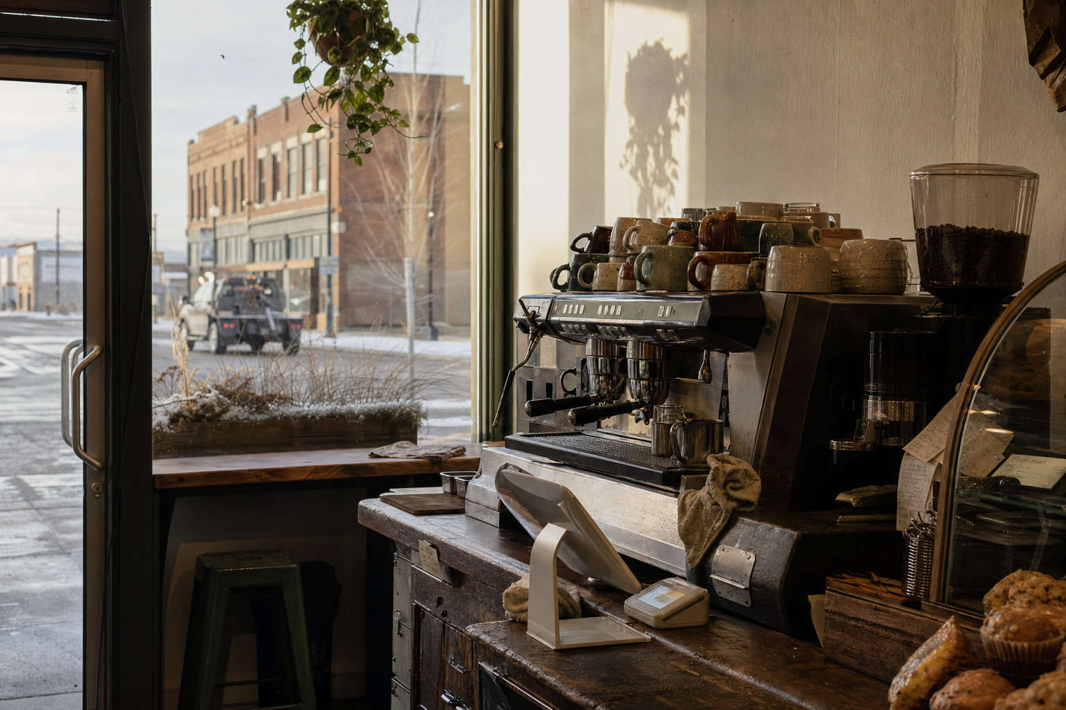 Sidney coffee shop interior with MT morning light around the espresso bar.