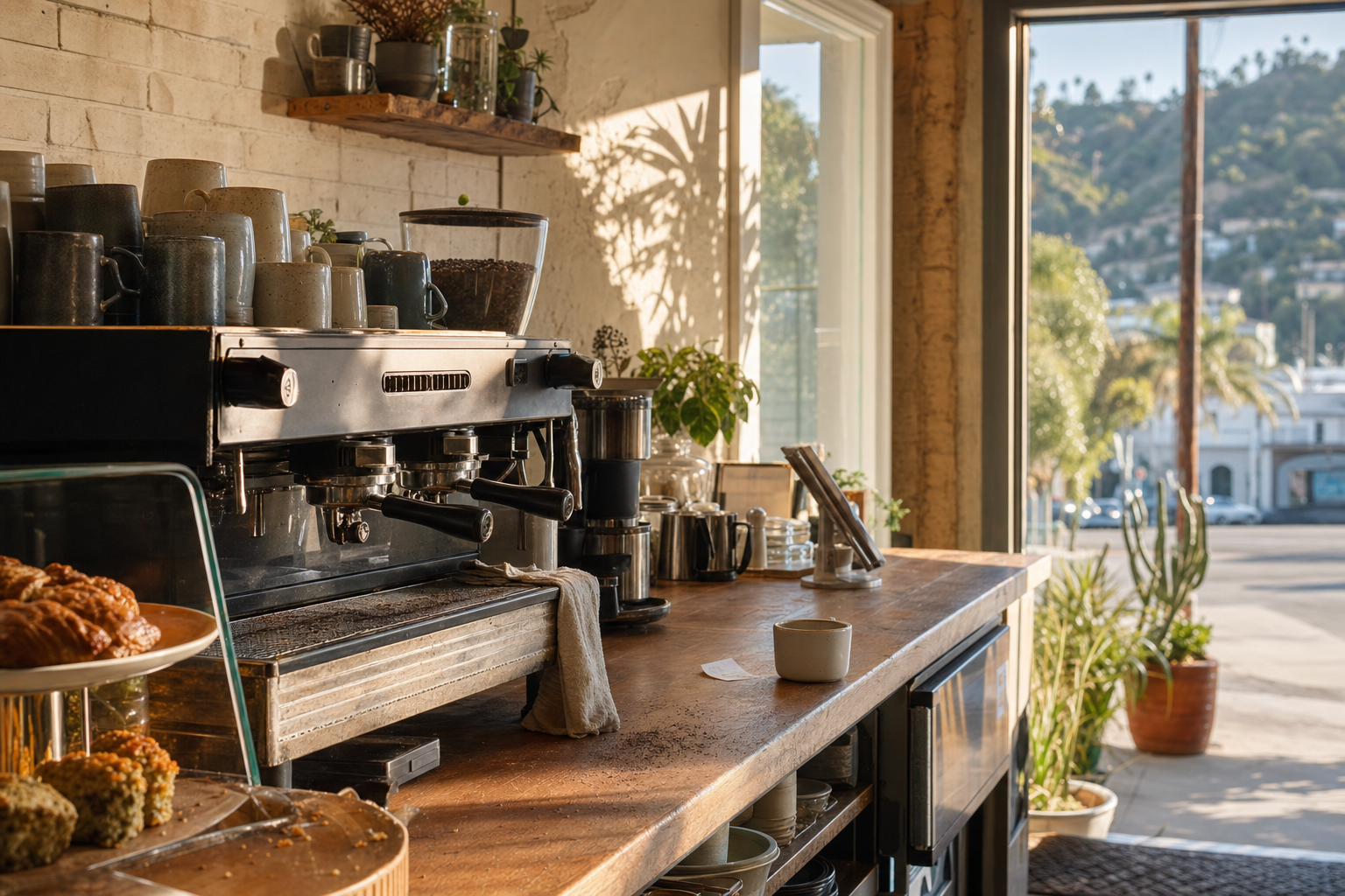 Silver Lake coffee shop interior with CA morning light around the espresso bar.