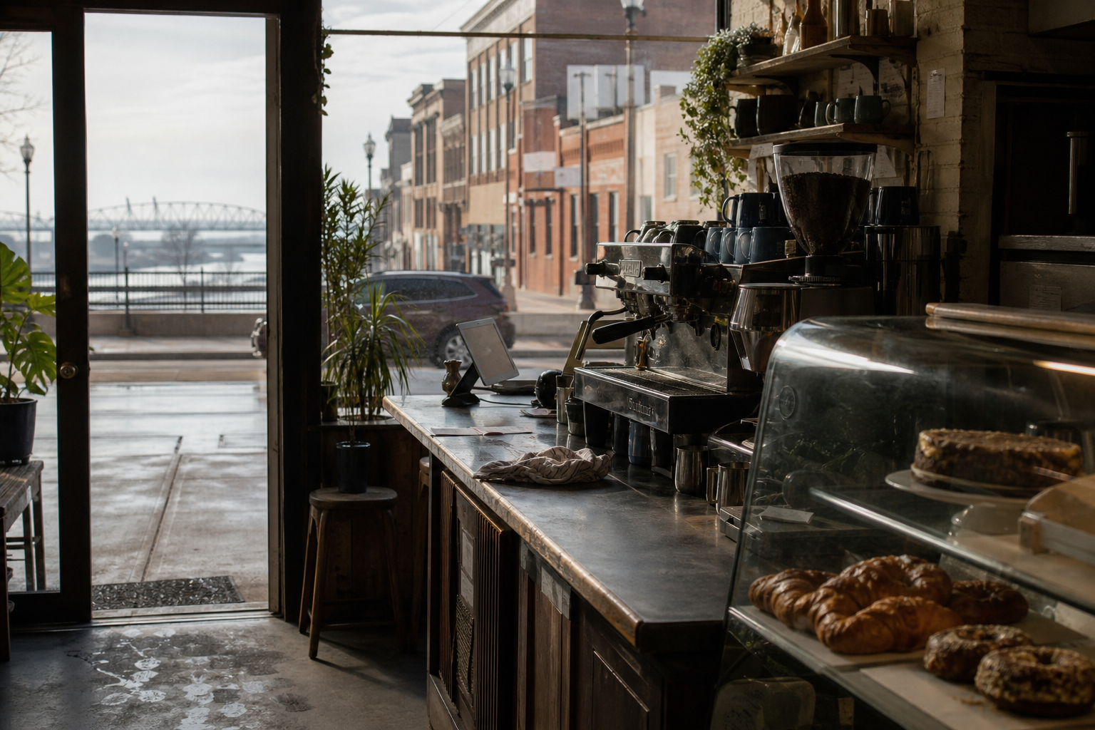 Sioux City coffee shop interior with IA morning light around the espresso bar.