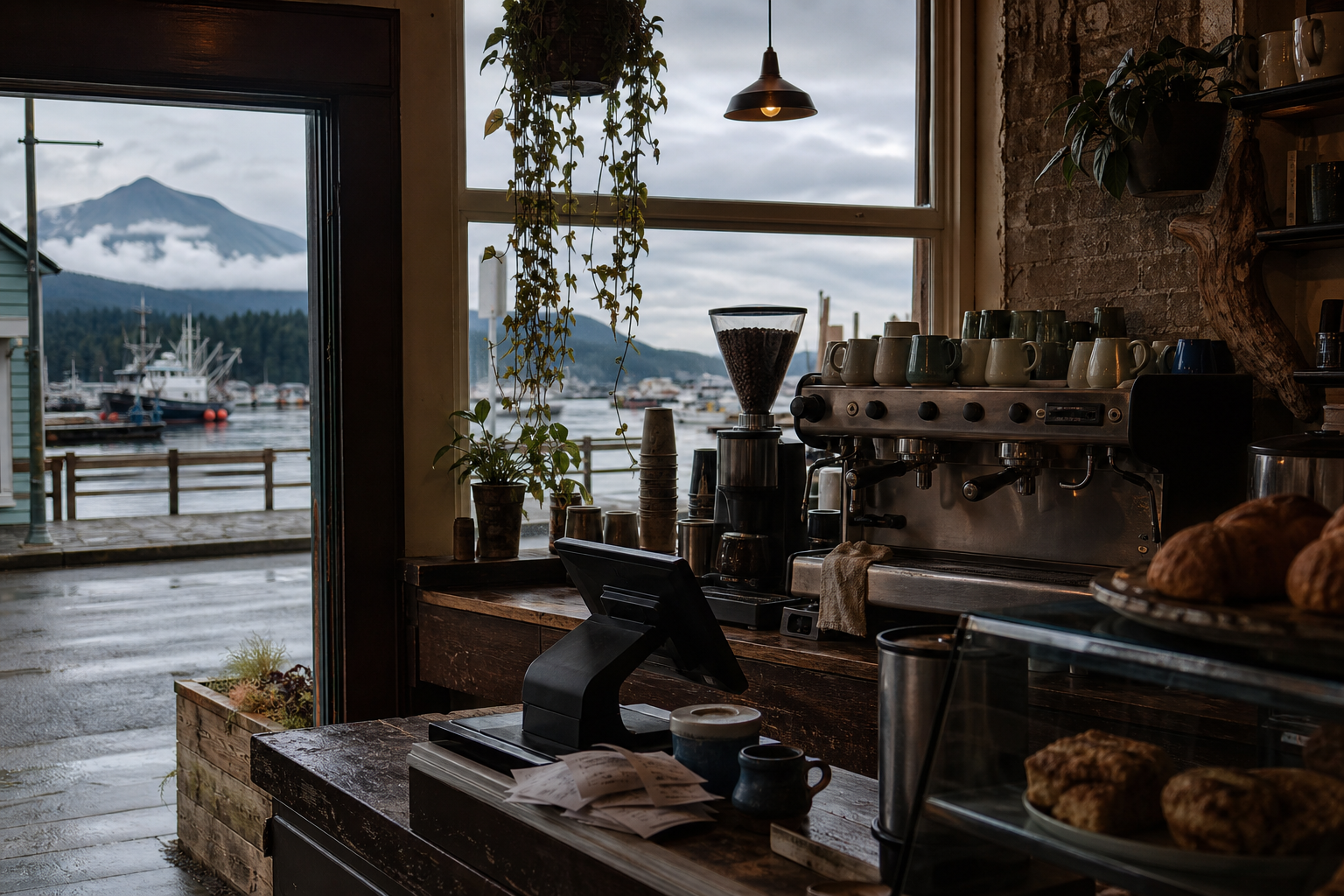 Sitka coffee shop interior with AK morning light around the espresso bar.